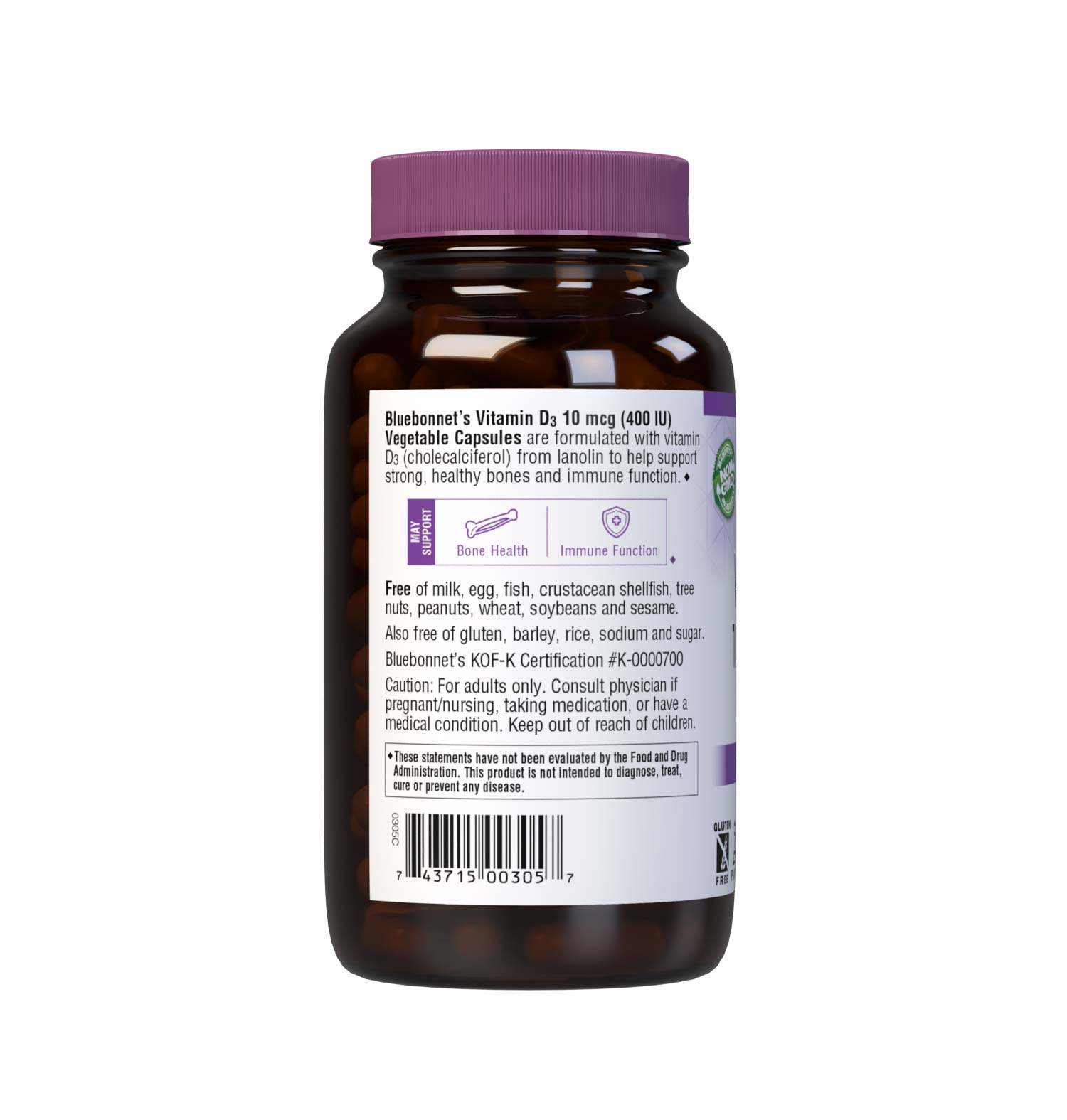 Bluebonnet’s Vitamin D3 10 mcg (400 IU) 180 Vegetable Capsules are formulated with vitamin D3 (cholecalciferol) from lanolin to help support strong, healthy bones and immune function. Description panel. #size_180 count