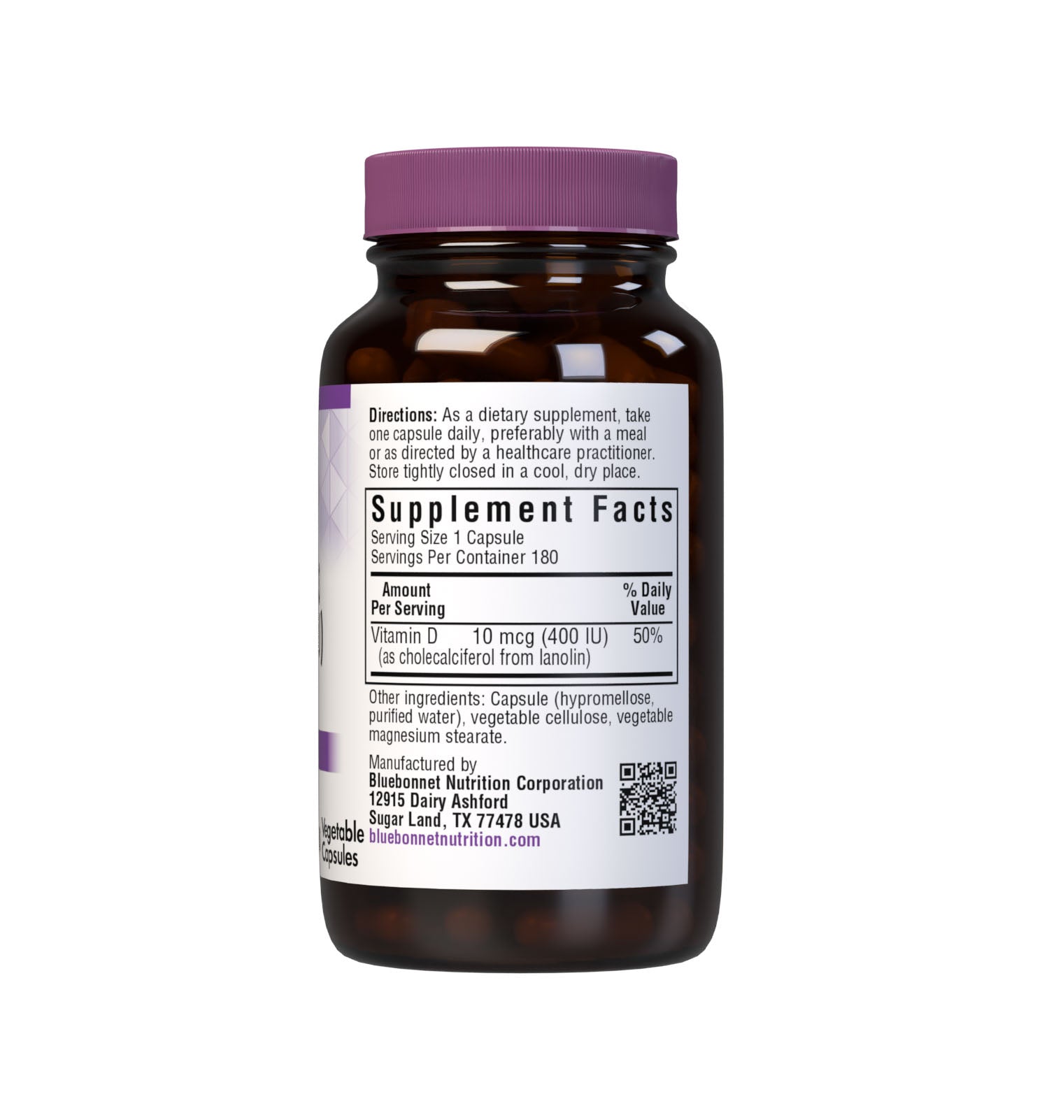 Bluebonnet’s Vitamin D3 10 mcg (400 IU) 180 Vegetable Capsules are formulated with vitamin D3 (cholecalciferol) from lanolin to help support strong, healthy bones and immune function. Supplement facts panel. #size_180 count