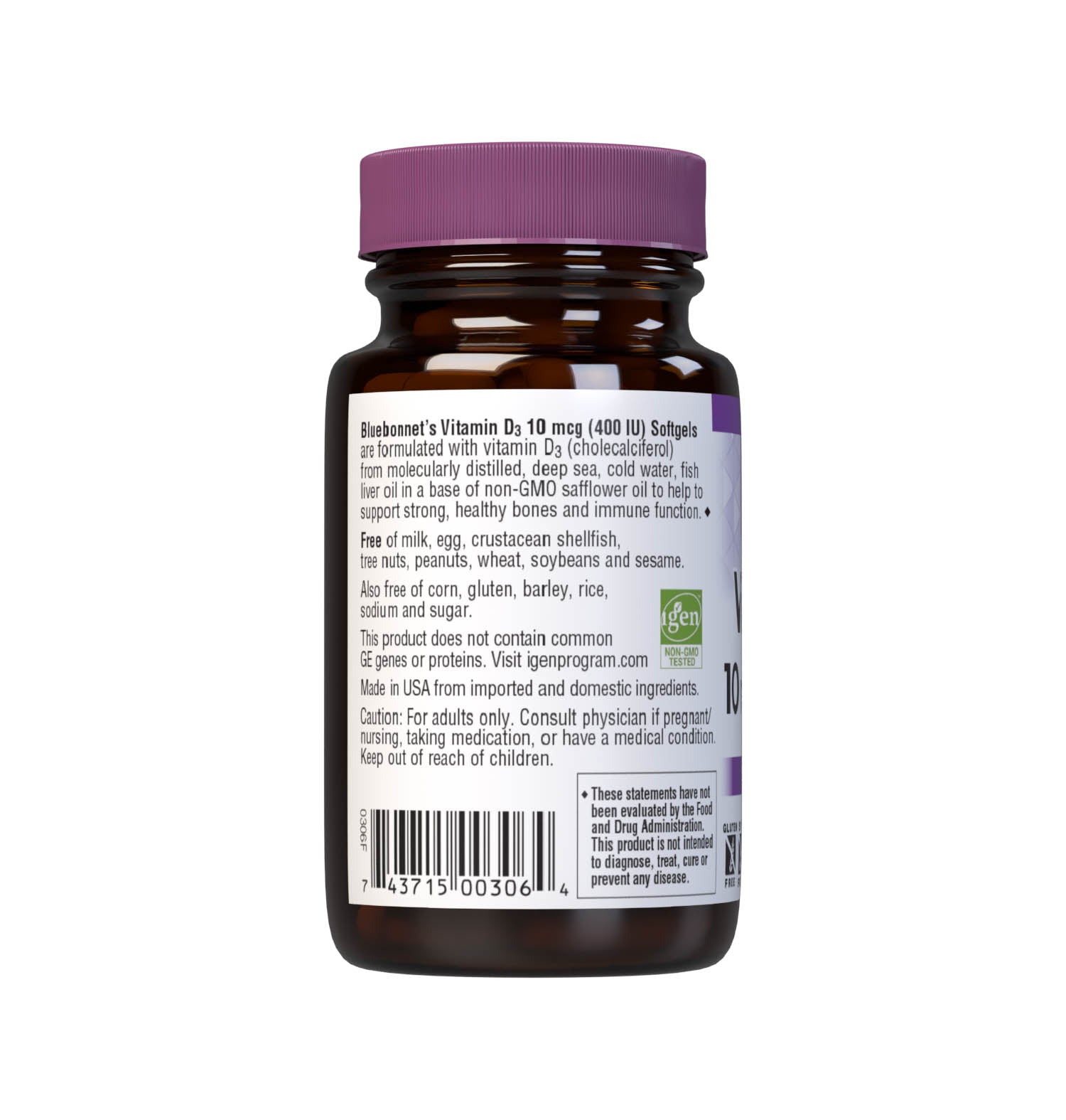 Bluebonnet’s Vitamin D3 400 IU 100 Softgels are formulated with vitamin D3 (cholecalciferol) from molecularly distilled, deep sea, cold water, fish liver oil in a base of non-GMO safflower oil. Description panel. #size_100 count