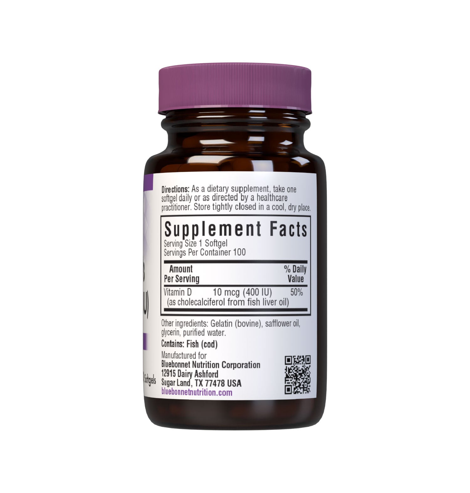 Bluebonnet’s Vitamin D3 400 IU 100 Softgels are formulated with vitamin D3 (cholecalciferol) from molecularly distilled, deep sea, cold water, fish liver oil in a base of non-GMO safflower oil.  Supplement facts panel. #size_100 count