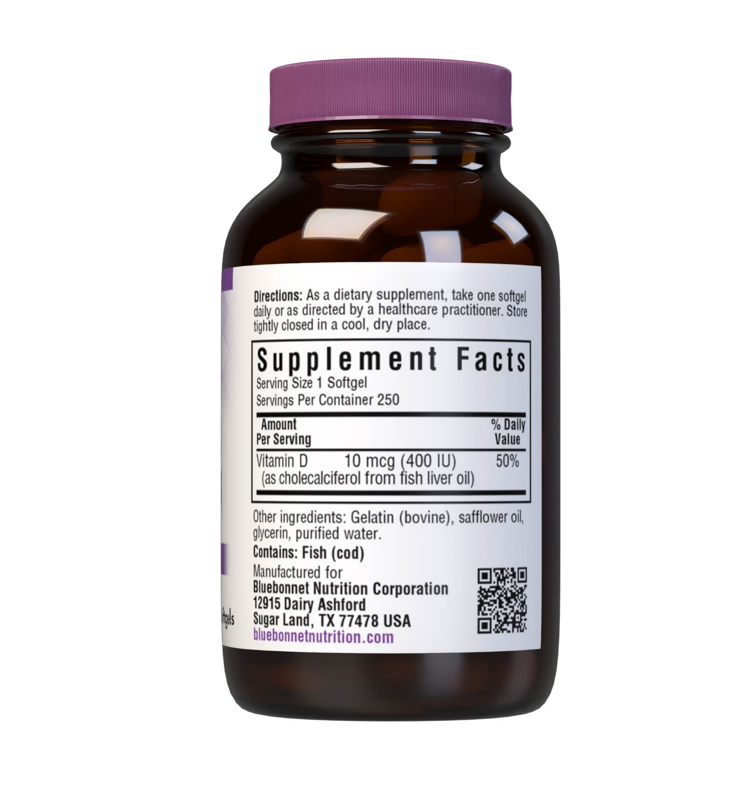 Bluebonnet’s Vitamin D3 400 IU 250 Softgels are formulated with vitamin D3 (cholecalciferol) from molecularly distilled, deep sea, cold water, fish liver oil in a base of non-GMO safflower oil. Supplement facts panel. #size_250 count