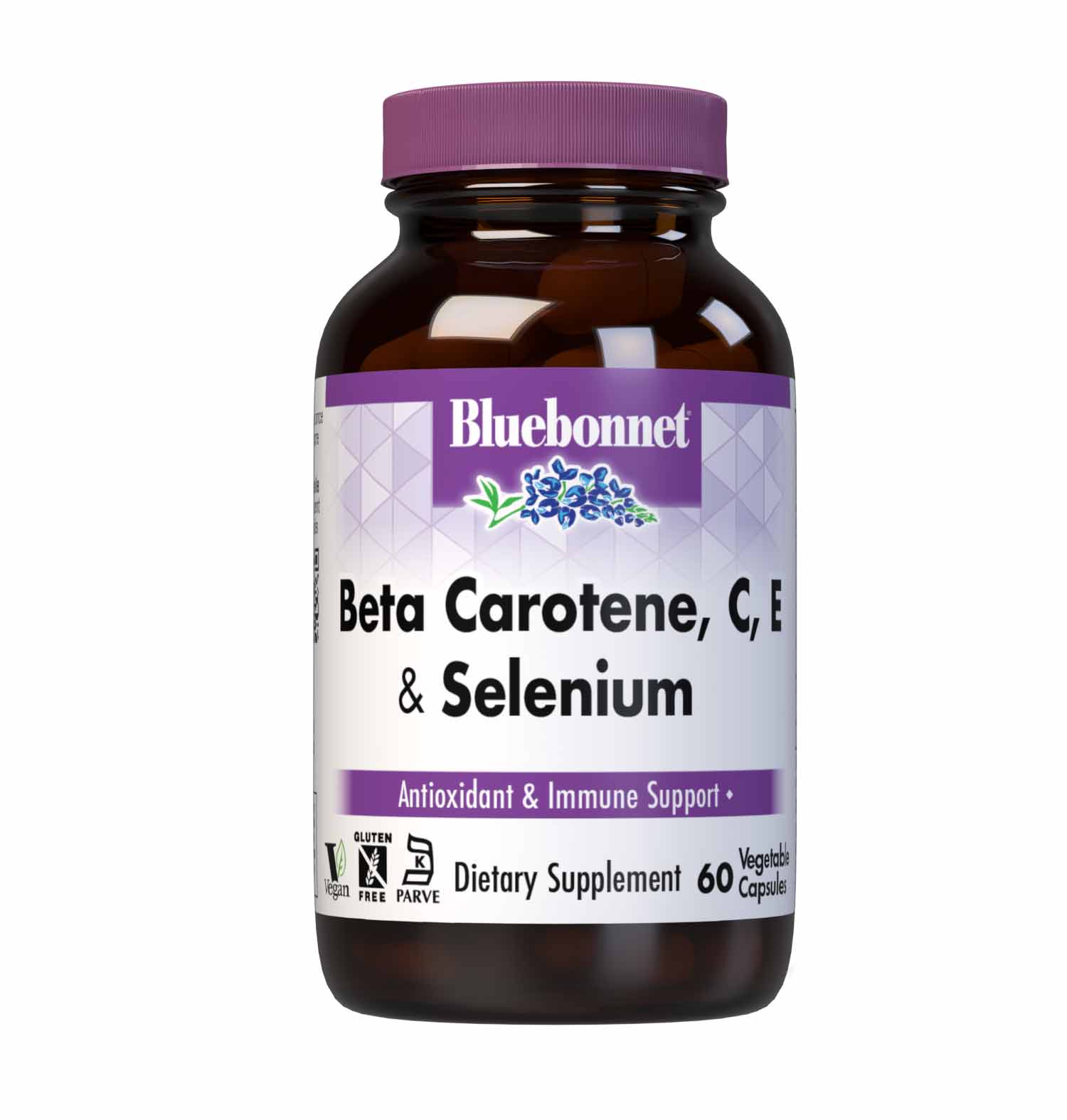 Bluebonnet’s Beta-Carotene, C, E and Selenium 60 Vegetable Capsules are specially formulated with a combination of four potent antioxidants: beta-carotene that provides mixed provitamin A carotenoids (gamma carotene and beta-zeacarotene), vitamin C from L-ascorbic acid, d-alpha vitamin E and yeast-free selenomethionine. #size_60 count