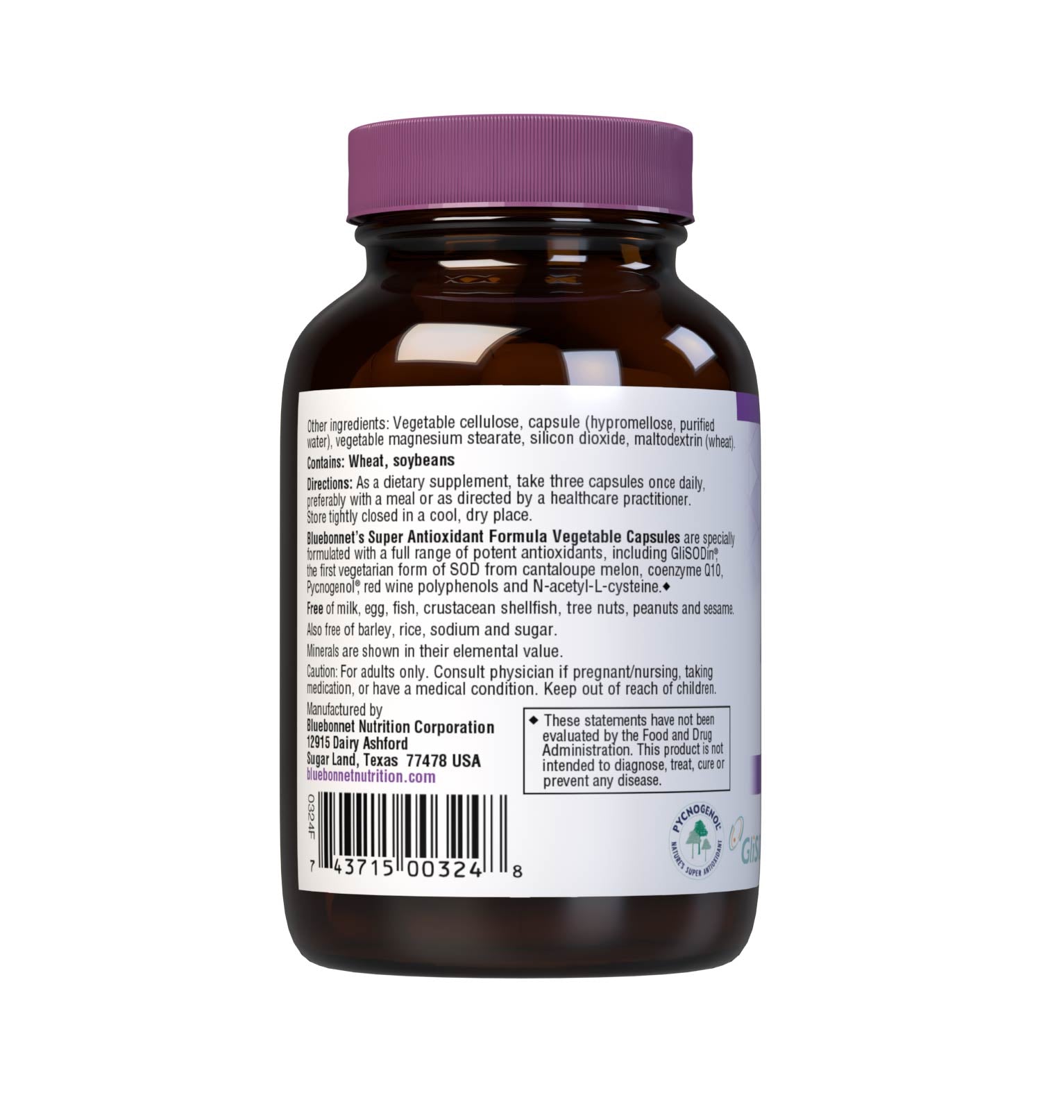Bluebonnet’s Super Antioxidant Formula 30 Vegetable Capsules are specially formulated with a full range of potent antioxidants, including GliSODin, the first vegetarian form of SOD from cantaloupe melon, and coenzyme Q10, Pycnogenol, red wine polyphenols and N-acetyl-L-cysteine. Description panel. #size_30 count
