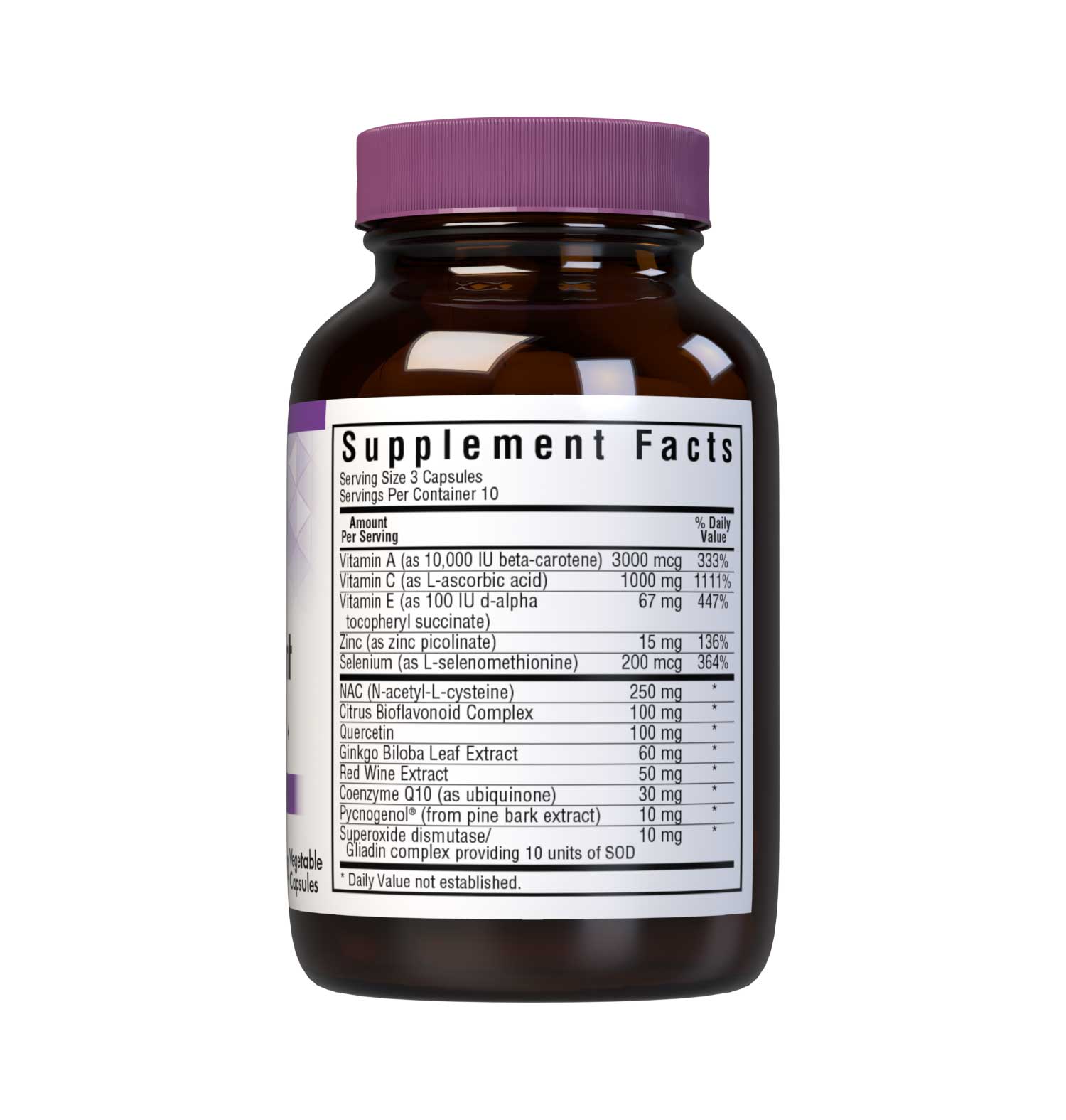 Bluebonnet’s Super Antioxidant Formula 30 Vegetable Capsules are specially formulated with a full range of potent antioxidants, including GliSODin, the first vegetarian form of SOD from cantaloupe melon, and coenzyme Q10, Pycnogenol, red wine polyphenols and N-acetyl-L-cysteine. Supplement facts panel. #size_30 count