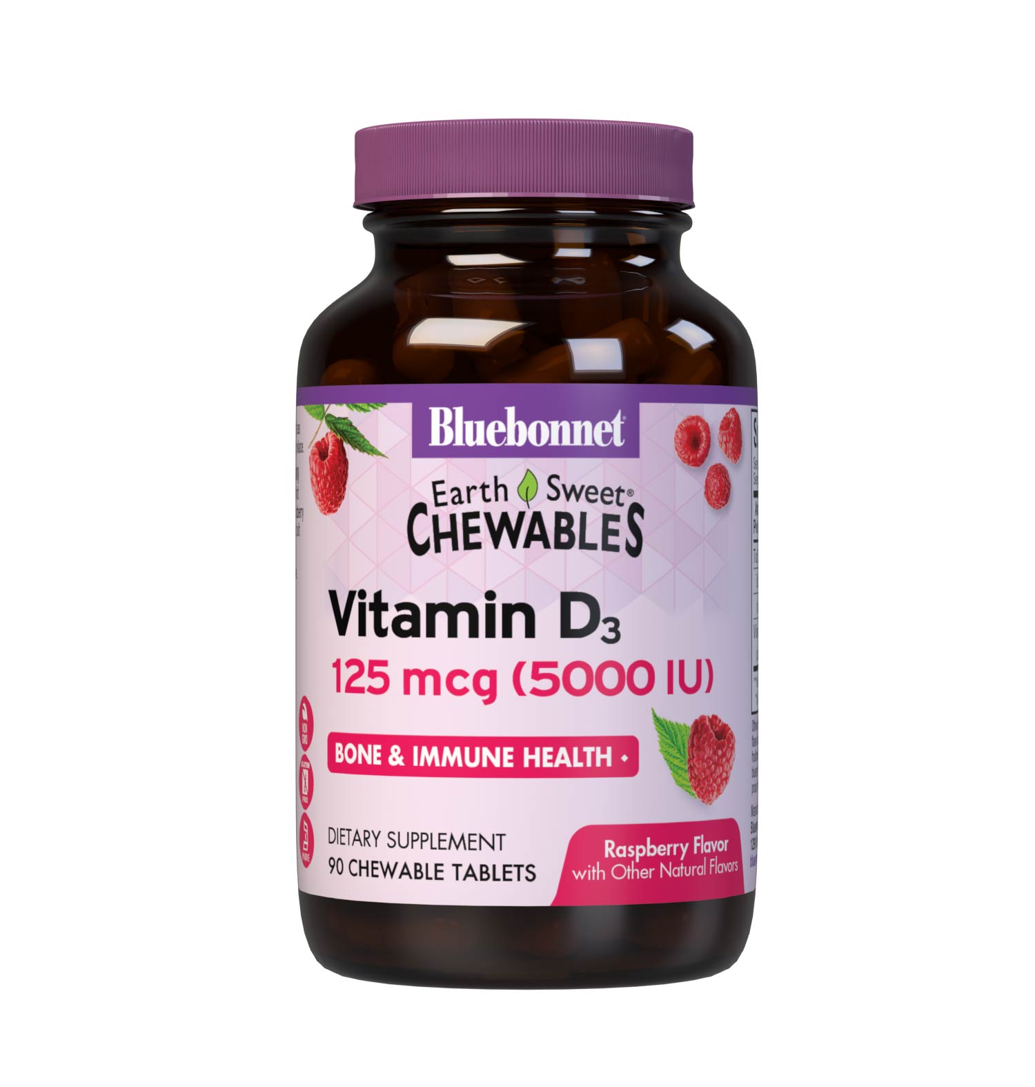 Bluebonnet’s EarthSweet Chewables Vitamin D3 125 mcg (5000 IU) 90 Chewable Tablets are formulated with vitamin D3 (cholecalciferol) from lanolin that supports strong bones and immune function in a delicious raspberry flavor. #size_90 count