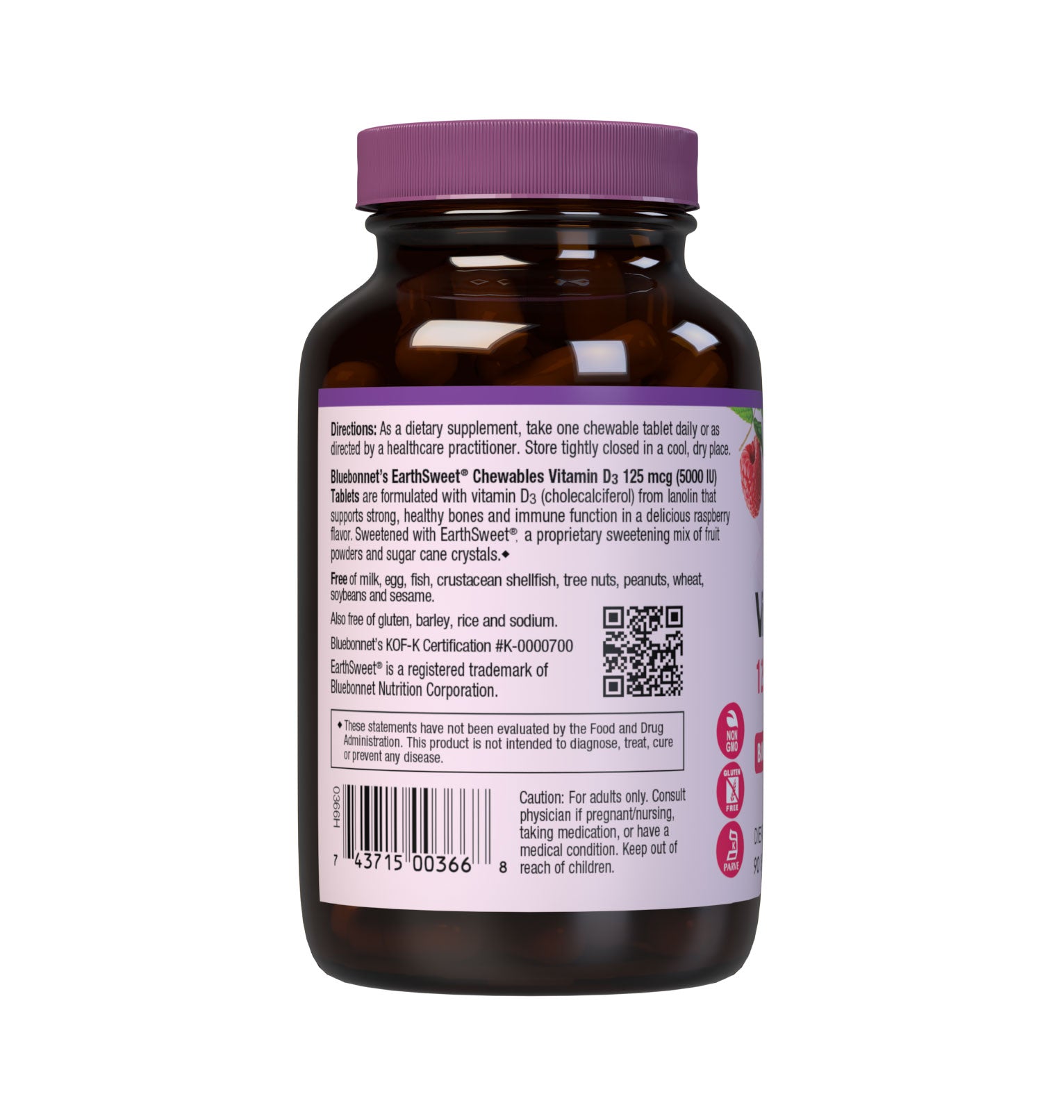 Bluebonnet’s EarthSweet Chewables Vitamin D3 125 mcg (5000 IU) 90 Chewable Tablets are formulated with vitamin D3 (cholecalciferol) from lanolin that supports strong bones and immune function in a delicious raspberry flavor. Description panel. #size_90 count