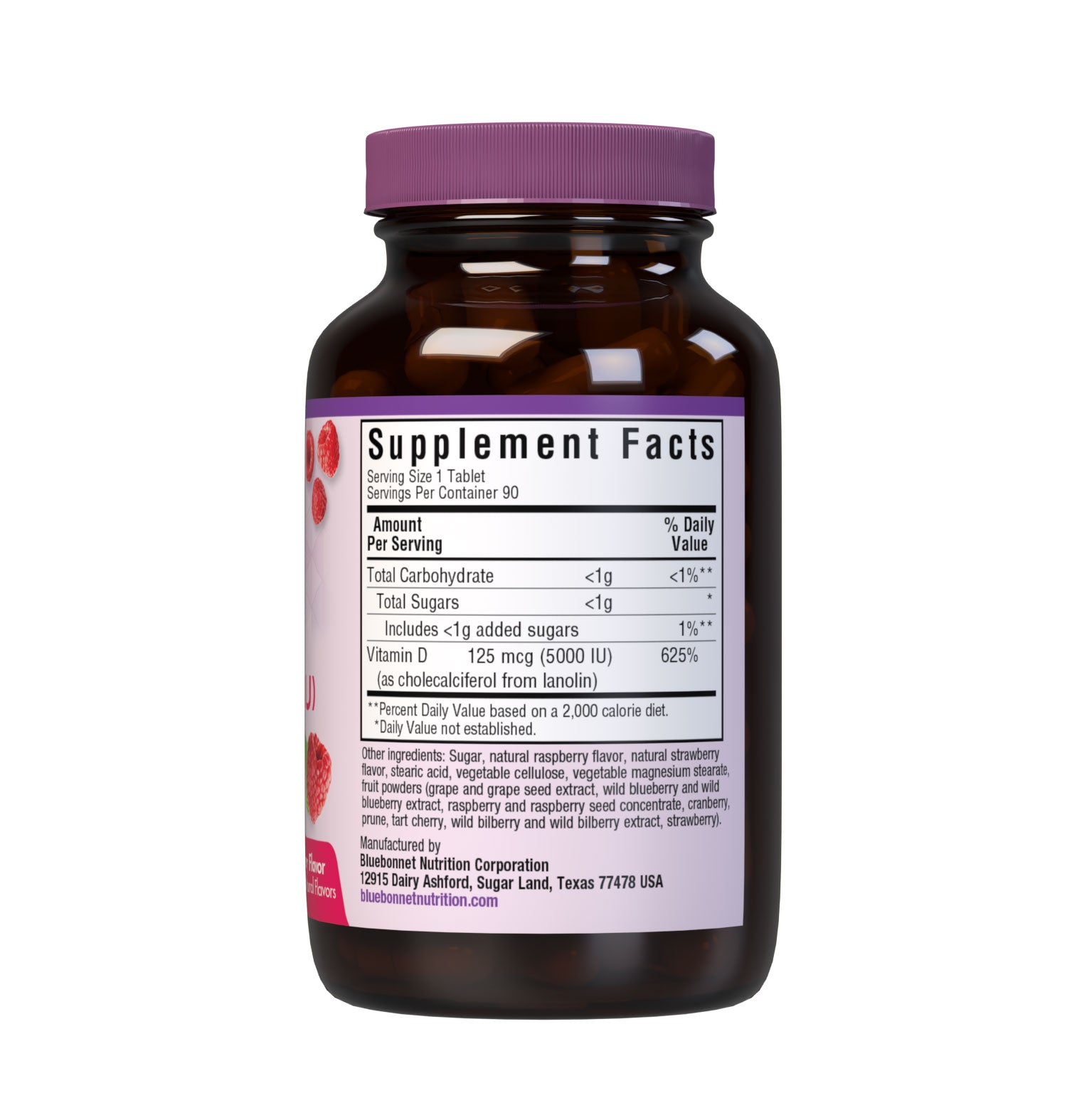 Bluebonnet’s EarthSweet Chewables Vitamin D3 125 mcg (5000 IU) 90 Chewable Tablets are formulated with vitamin D3 (cholecalciferol) from lanolin that supports strong bones and immune function in a delicious raspberry flavor. Supplement facts panel. #size_90 count