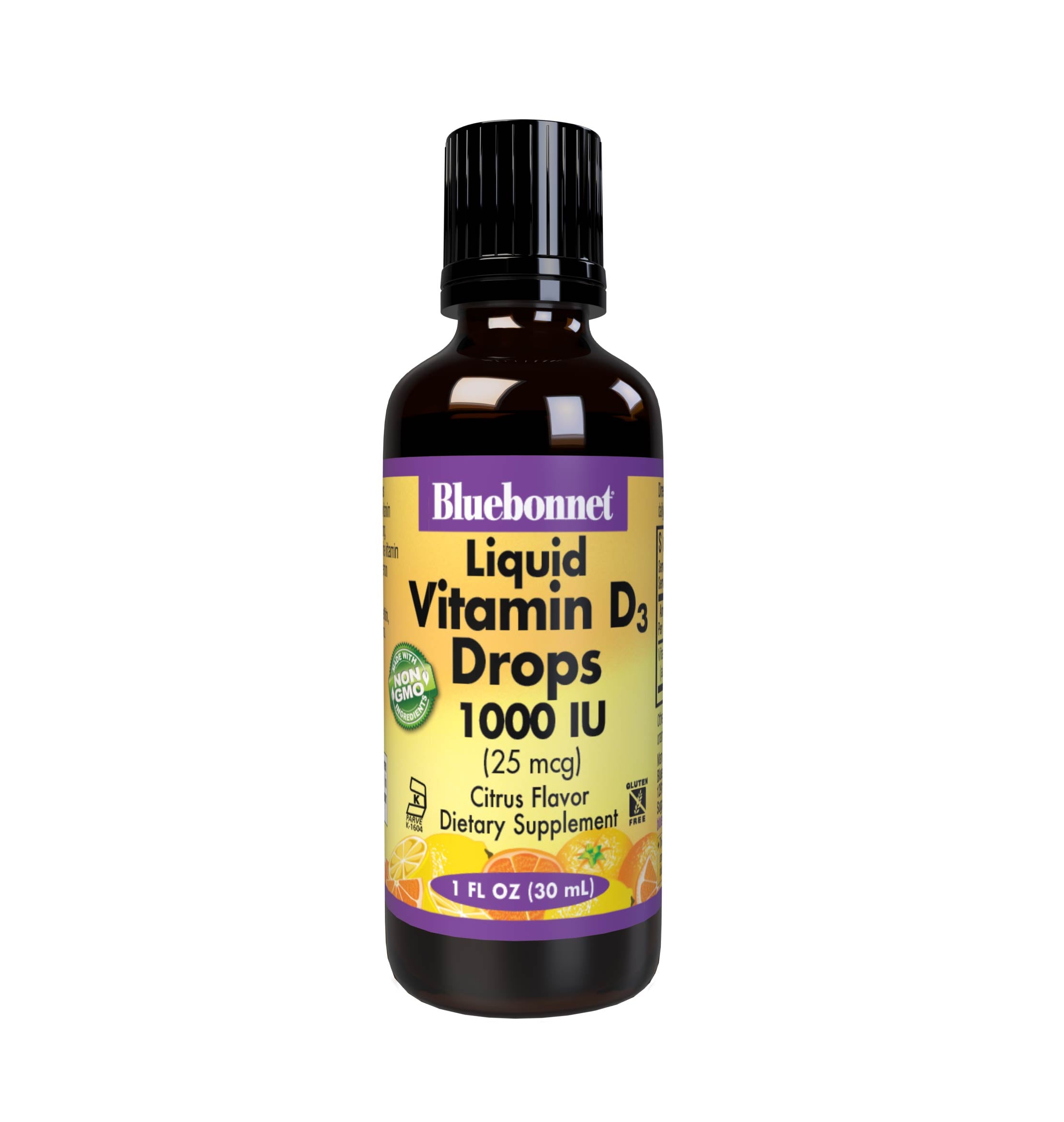 Bluebonnet’s Liquid Vitamin D3 Drops 1000 IU (25 mcg) are formulated with vitamin D3 (cholecalciferol) from lanolin for strong healthy bones. Each drop of this sunshine vitamin is flavored using a hint of orange and lemon essential oils. #size_1 fl oz