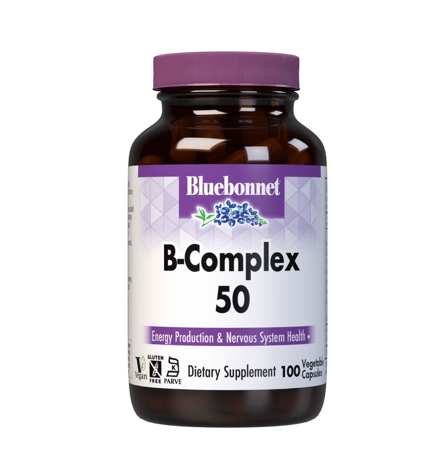 Bluebonnet’s B-Complex 50 Vegetable Capsules are formulated with a full spectrum of B vitamins which play a complementary role in maintaining physiologic and metabolic functions that support energy production and nervous system health. #size_100 count