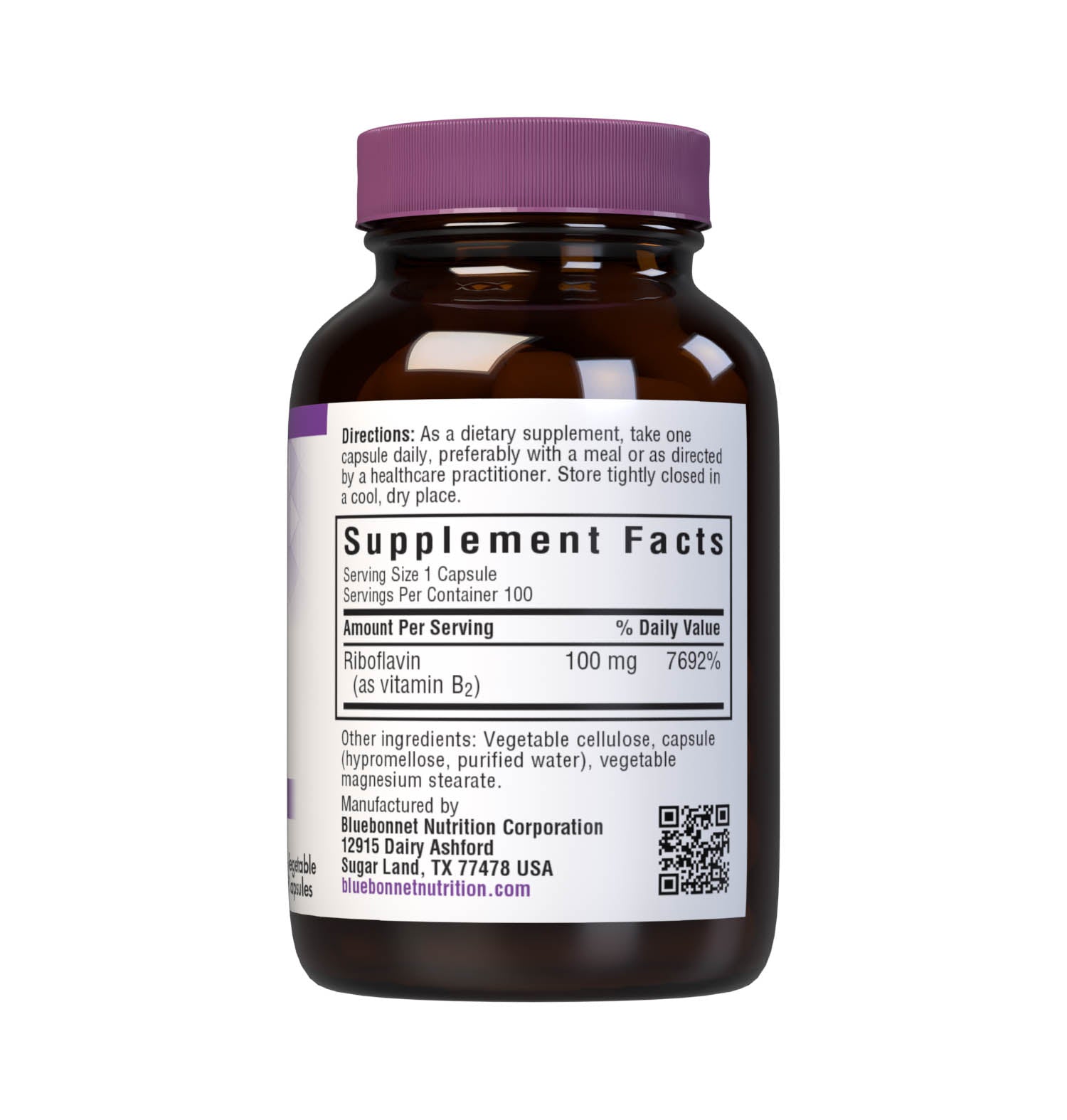 Bluebonnet’s Vitamin B2 100 mg Vegetable Capsules are formulated with vitamin B2 (riboflavin) in its crystalline form, which supports cellular energy production. Supplement facts panel. #size_100 count