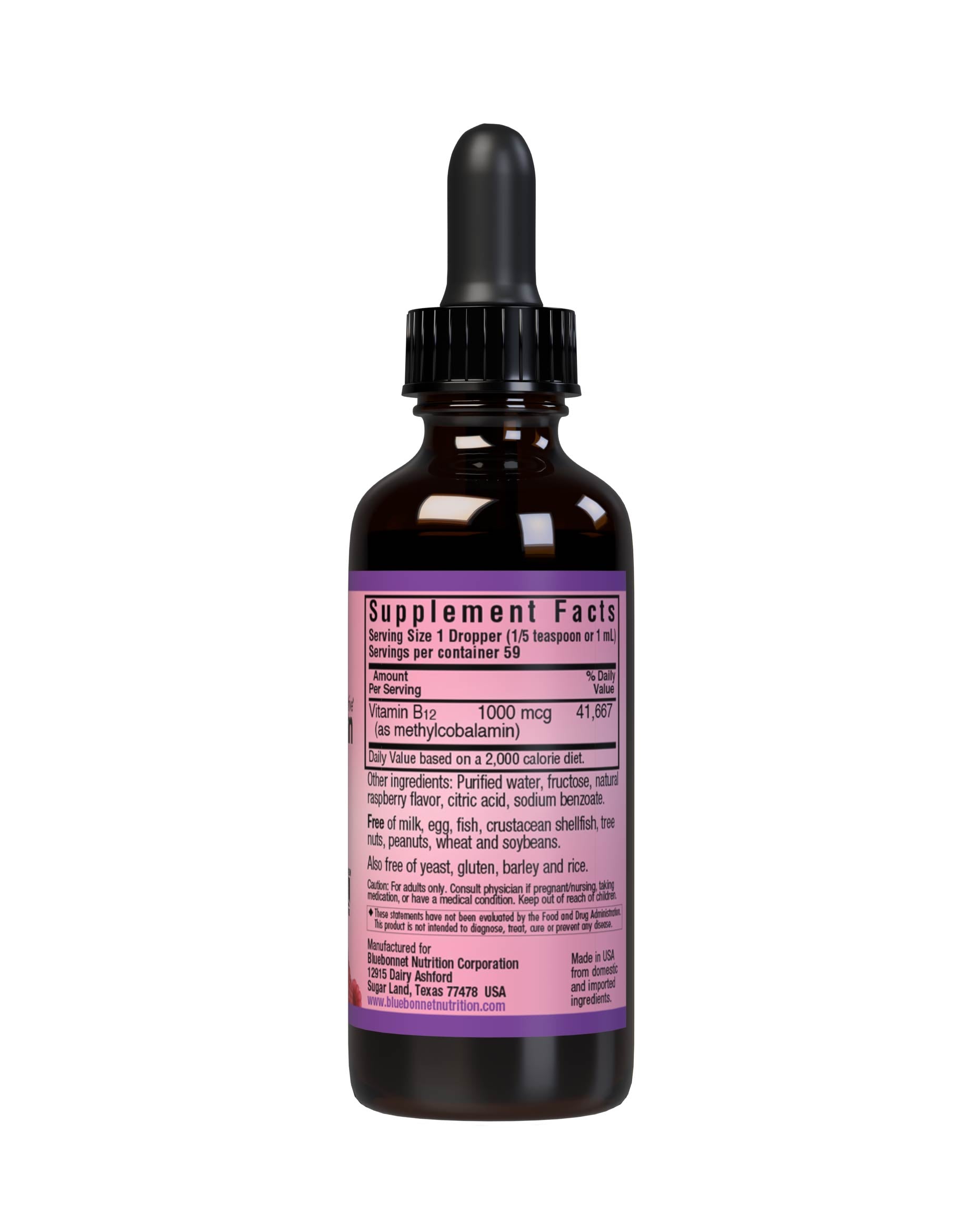 Bluebonnet’s Liquid CellularActive Methylcobalamin Vitamin B12 1000 mcg is formulated with fast-acting vitamin B12 as methylcobalamin, a coenzyme form of B12, which may be better utilized and better retained in the body. Vitamin B12 helps support cellular energy production and nervous system health. Supplement facts panel. #size_2 fl oz