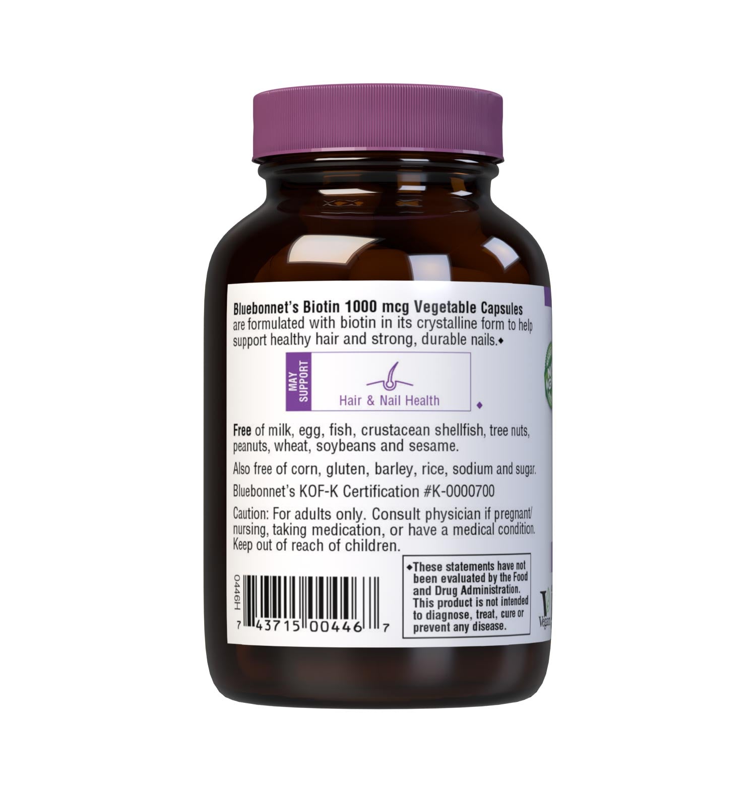 Bluebonnet’s Biotin 1000 mcg Capsules are formulated with yeast-free biotin in its crystalline form to support healthy hair and strong, durable nails. Description panel. #size_90 count
