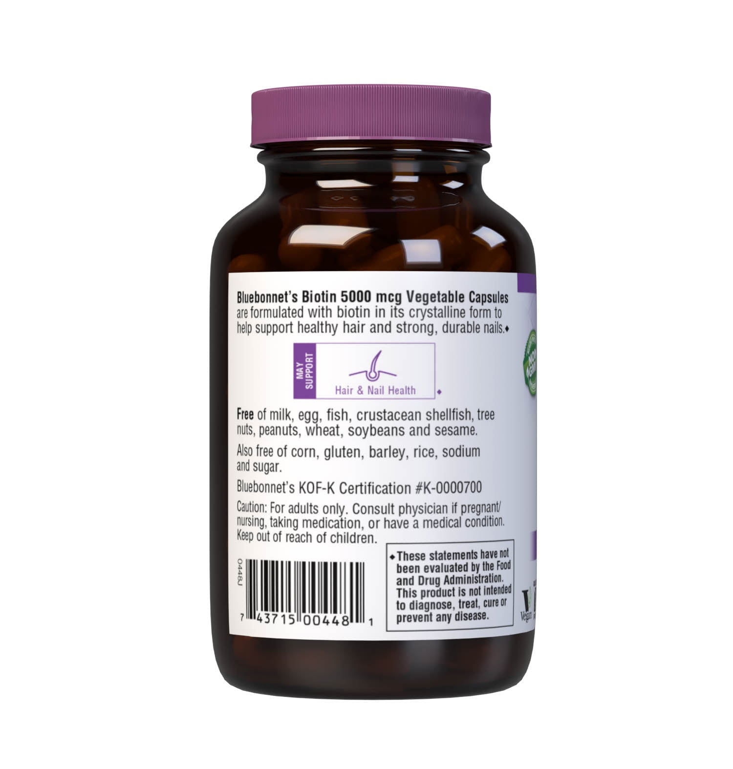 Bluebonnet’s Biotin 5000 mcg Capsules are formulated with yeast-free biotin in its crystalline form to support healthy hair and strong, durable nails. Description panel. #size_120 count