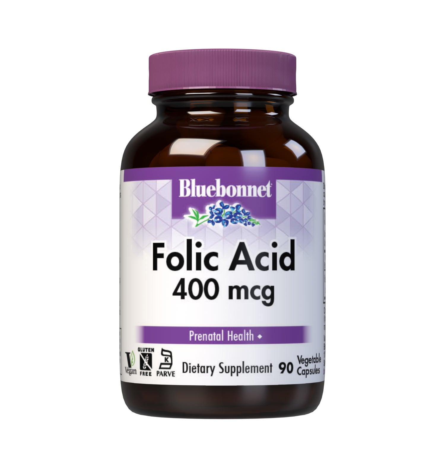 Bluebonnet’s Folic Acid 400 mcg Vegetable Capsules are formulated with folate in its crystalline form which may help support neural tube development. #size_90 count
