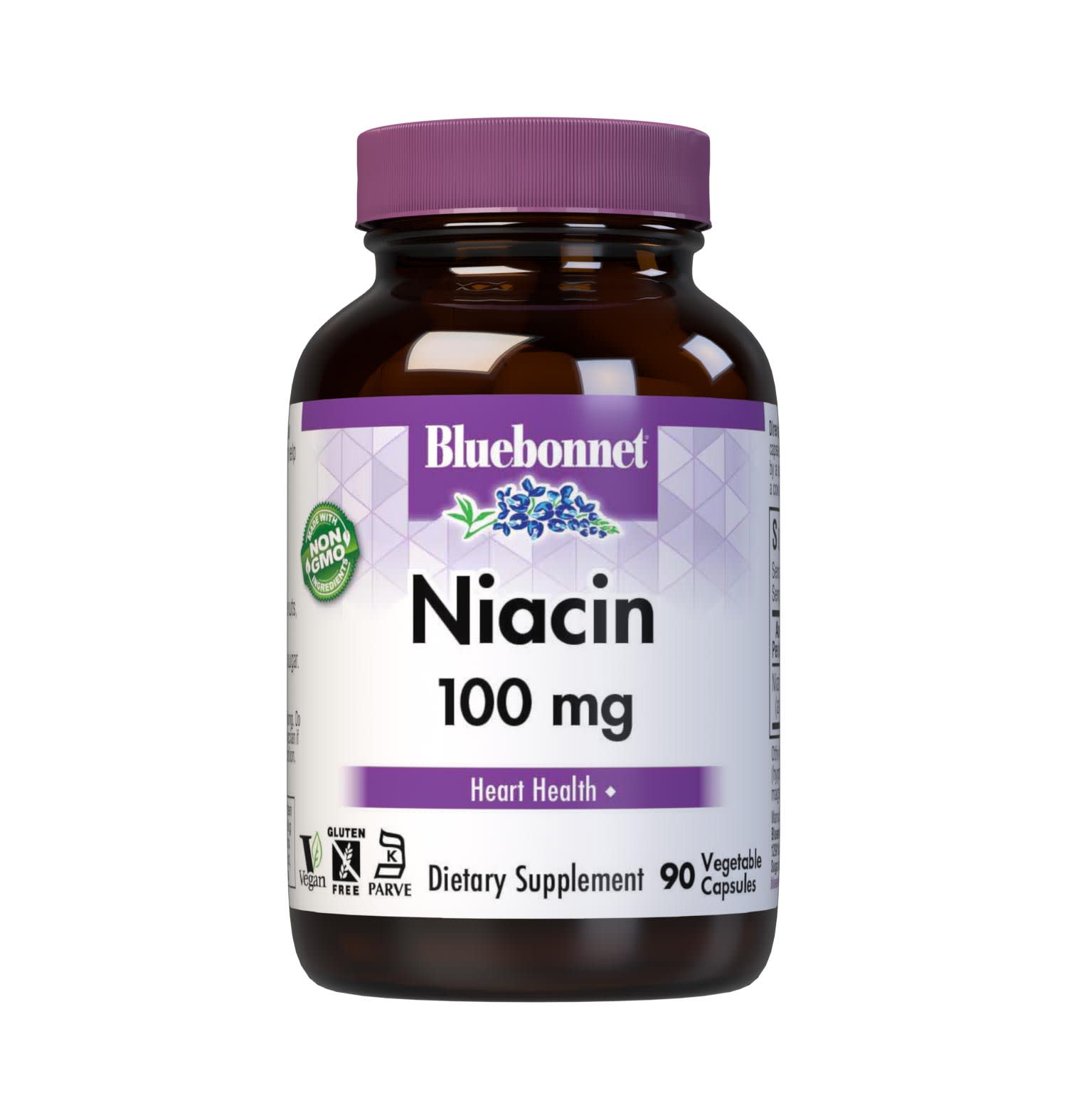 Bluebonnet’s Niacin 100 mg Vegetable Capsules are formulated with yeast-free nicotinic acid in its crystalline form to help support cardiovascular health.  #size_90 count