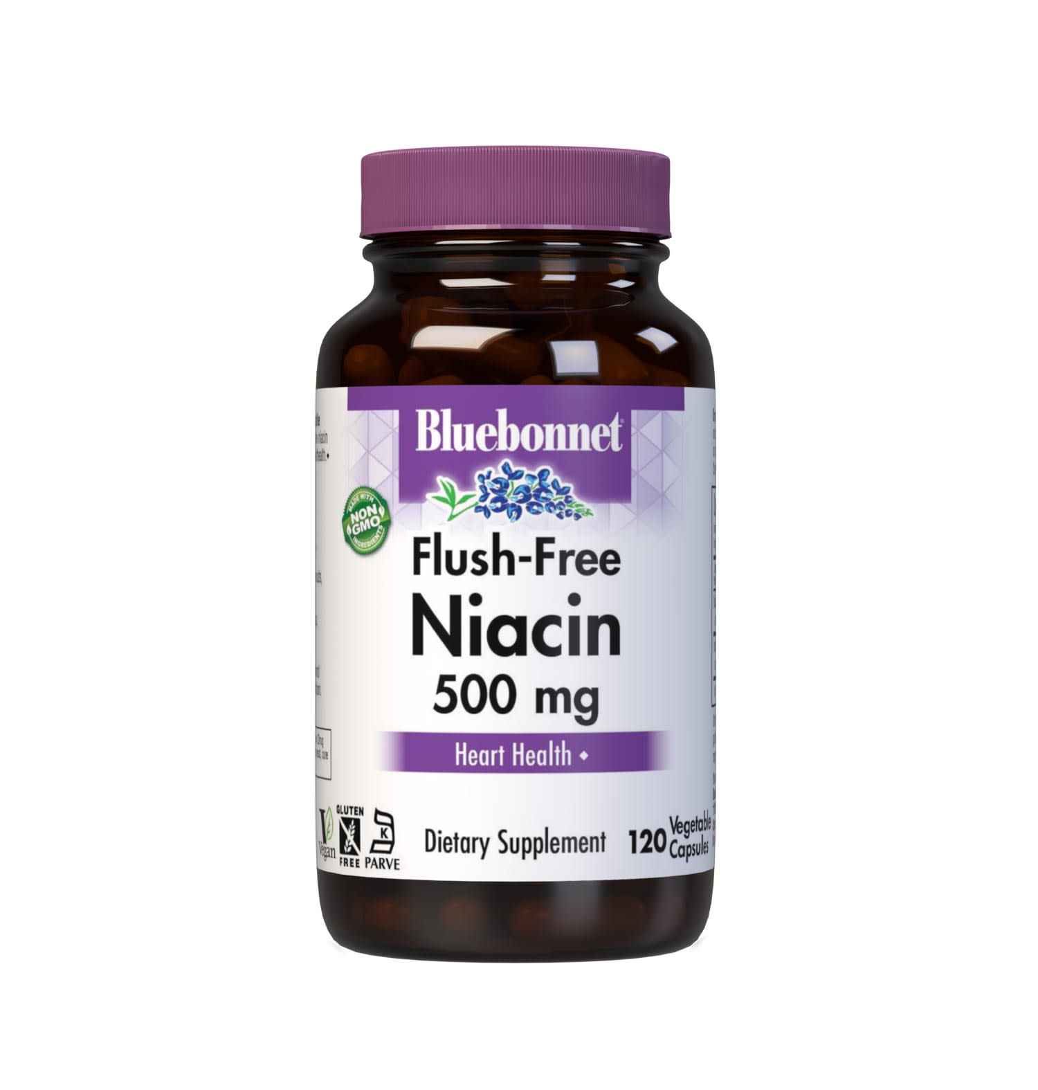 Bluebonnet’s Flush-Free Niacin 500 mg Vegetable Capsules are formulated with crystalline flush-free niacin from inositol hexanicotinate to help support cardiovascular health. #size_120 count
