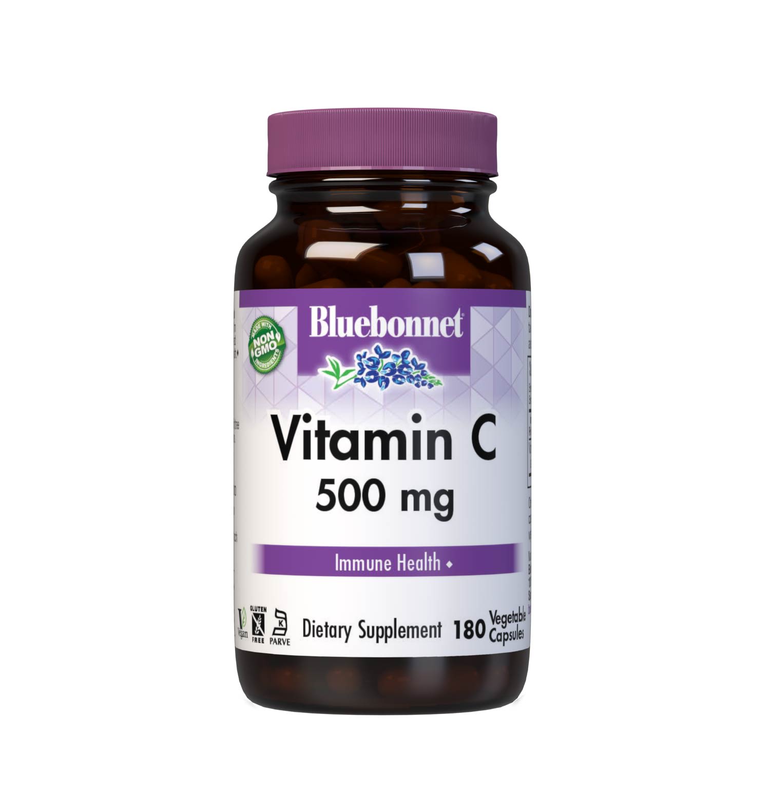 Bluebonnet’s Vitamin C-500 mg 180 Vegetable Capsules are formulated with vitamin C from L-ascorbic acid that is (IP) identity-preserved and non-GMO to help support immune health. #size_180 count