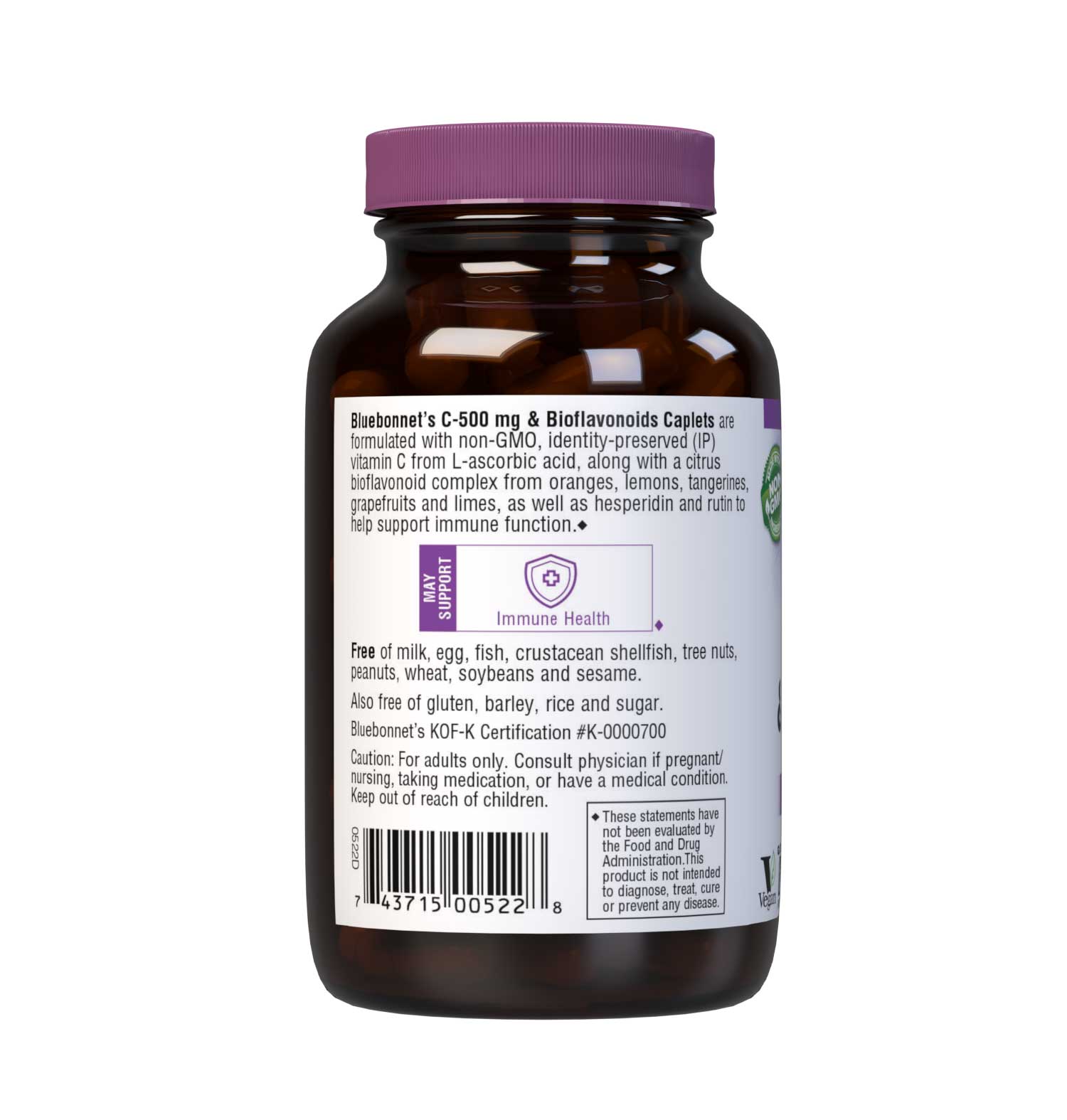 Bluebonnet’s C-500 mg & Bioflavonoids 90 Caplets are formulated with vitamin C from L-ascorbic acid that is (IP) identity-preserved and non-GMO with citrus bioflavonoids from oranges, lemons, tangerines, grapefruits and limes to help support immune health. Description panel. #size_90 count