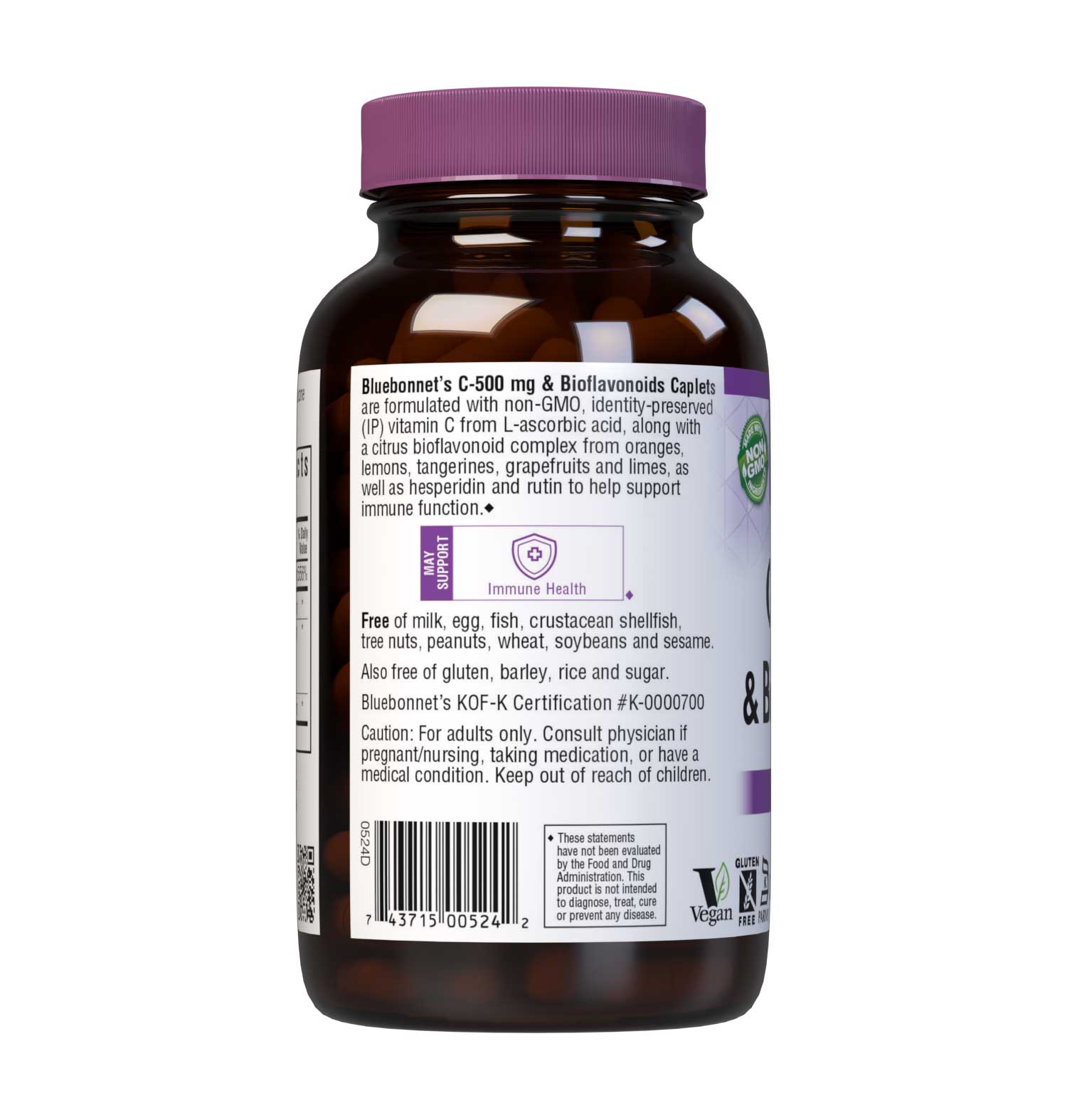 Bluebonnet’s C-500 mg & Bioflavonoids 180 Caplets are formulated with vitamin C from L-ascorbic acid that is (IP) identity-preserved and non-GMO with citrus bioflavonoids from oranges, lemons, tangerines, grapefruits and limes to help support immune health. Description panel. #size_180 count