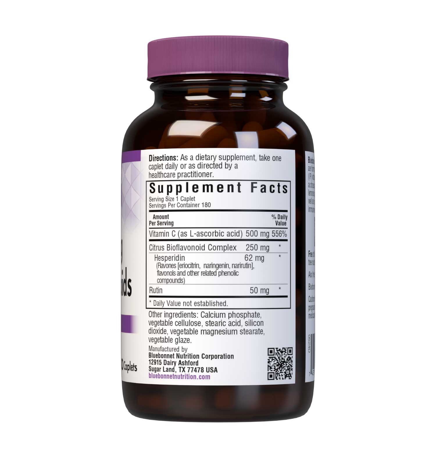 Bluebonnet’s C-500 mg & Bioflavonoids 180 Caplets are formulated with vitamin C from L-ascorbic acid that is (IP) identity-preserved and non-GMO with citrus bioflavonoids from oranges, lemons, tangerines, grapefruits and limes to help support immune health. Supplement facts panel. #size_180 count