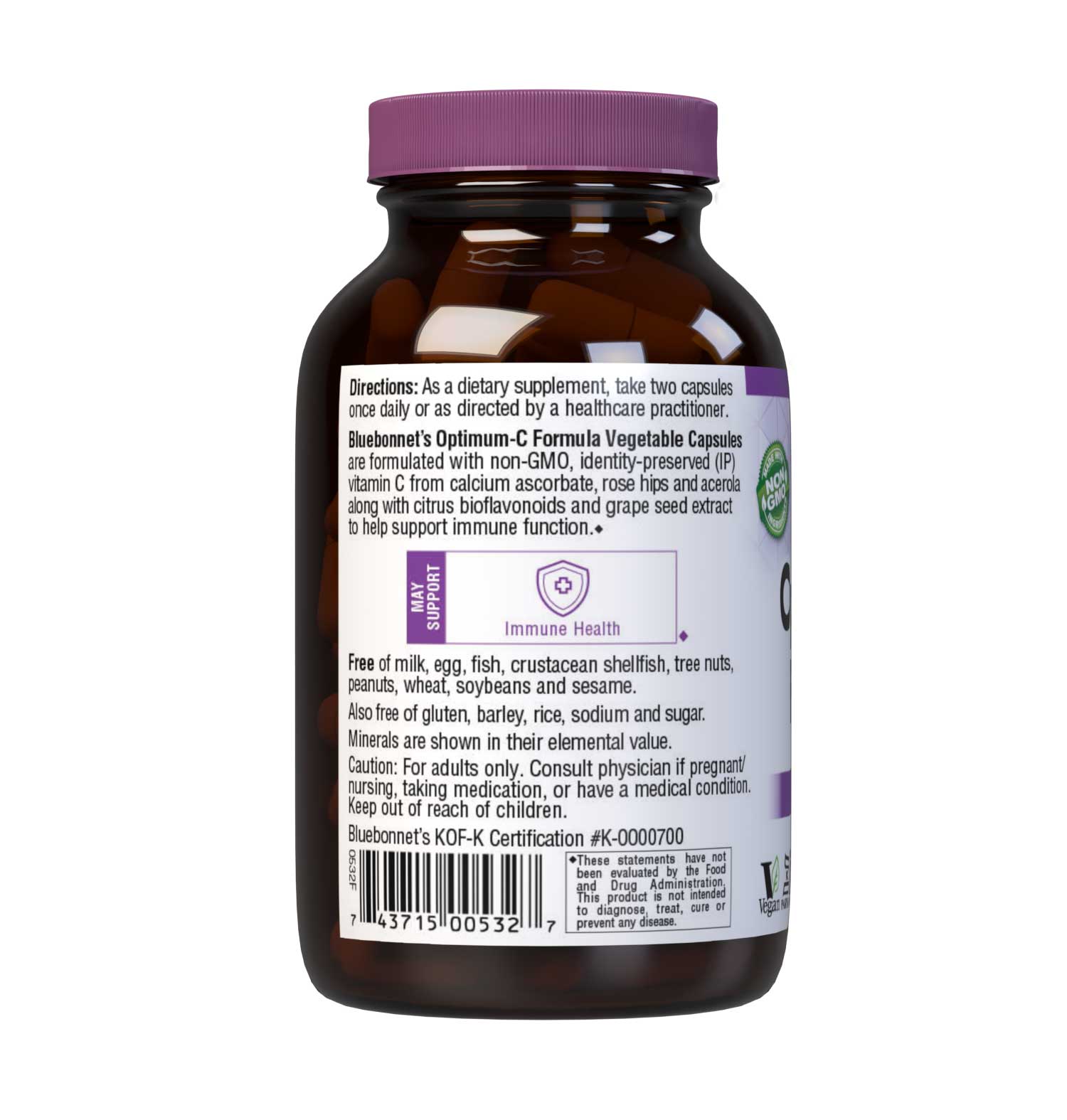 Bluebonnet’s Optimum-C Formula 90 Vegetable Capsules are formulated with non-GMO, identity preserved (IP) vitamin C from calcium ascorbate, rose hips and acerola along with citrus bioflavonoids and grape seed extract to help support immune function. Description panel. #size_90 count