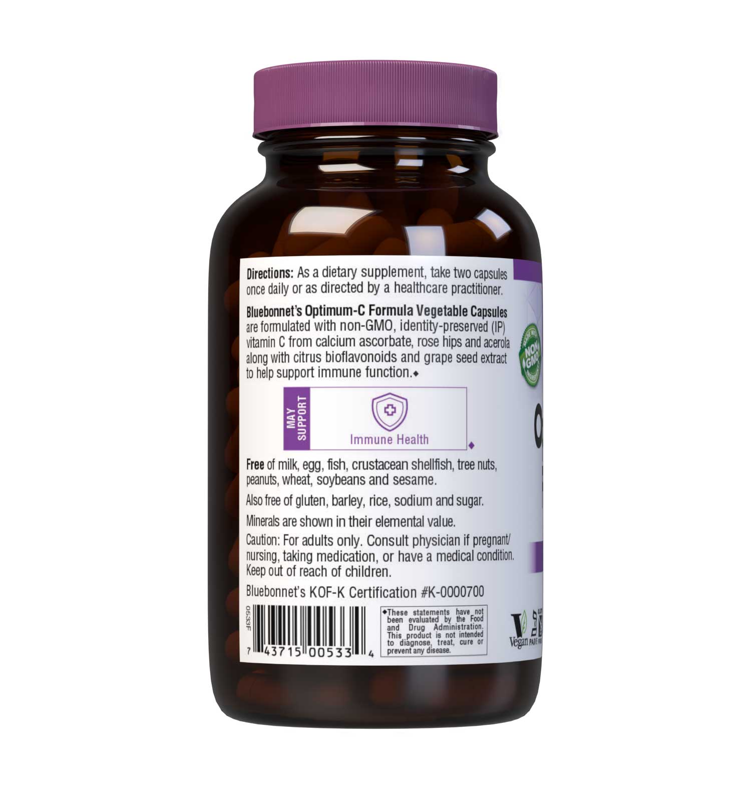Bluebonnet’s Optimum-C Formula 180 Vegetable Capsules are formulated with non-GMO, identity preserved (IP) vitamin C from calcium ascorbate, rose hips and acerola along with citrus bioflavonoids and grape seed extract to help support immune function. Description panel. #size_180 count