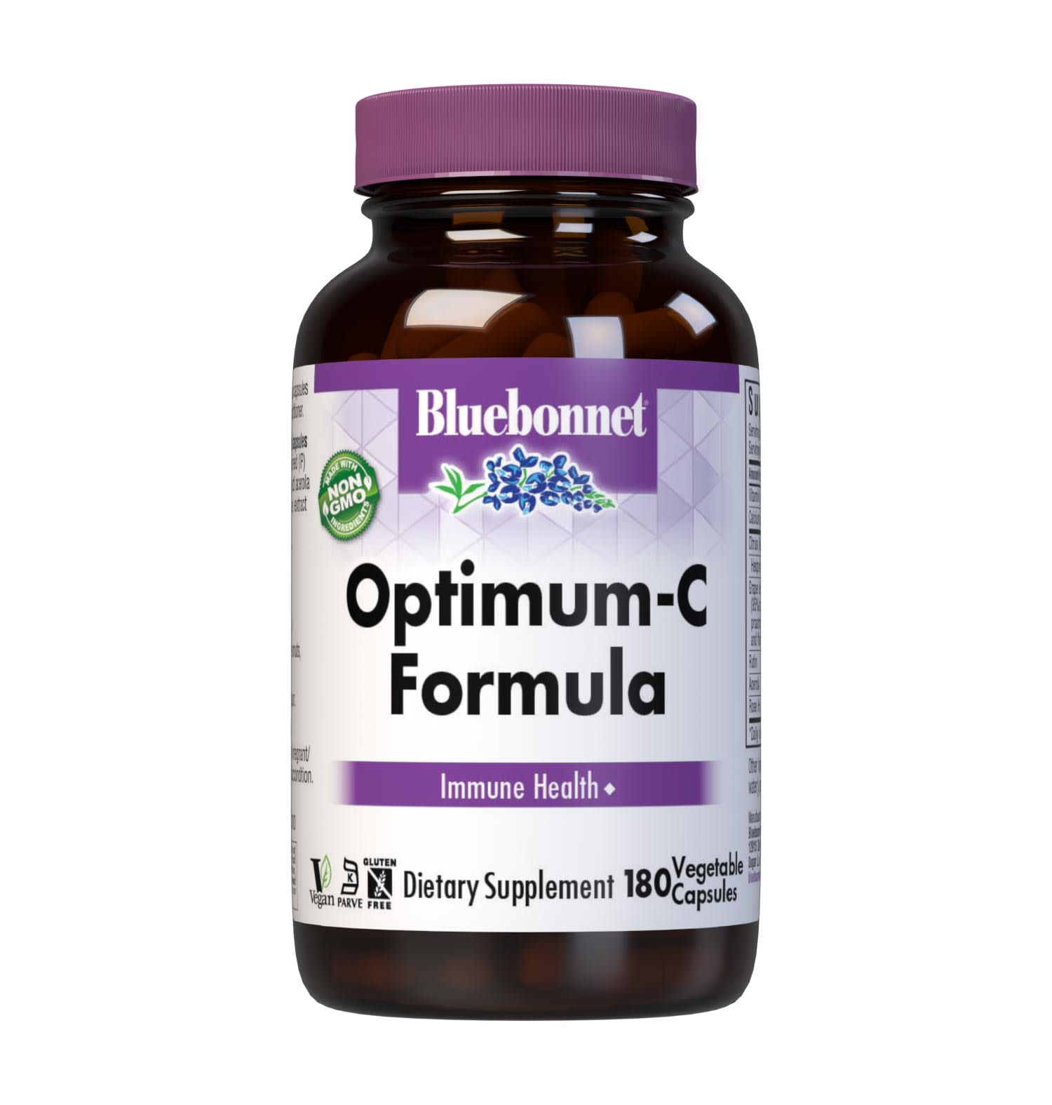 Bluebonnet’s Optimum-C Formula 180 Vegetable Capsules are formulated with non-GMO, identity preserved (IP) vitamin C from calcium ascorbate, rose hips and acerola along with citrus bioflavonoids and grape seed extract to help support immune function. #size_180 count
