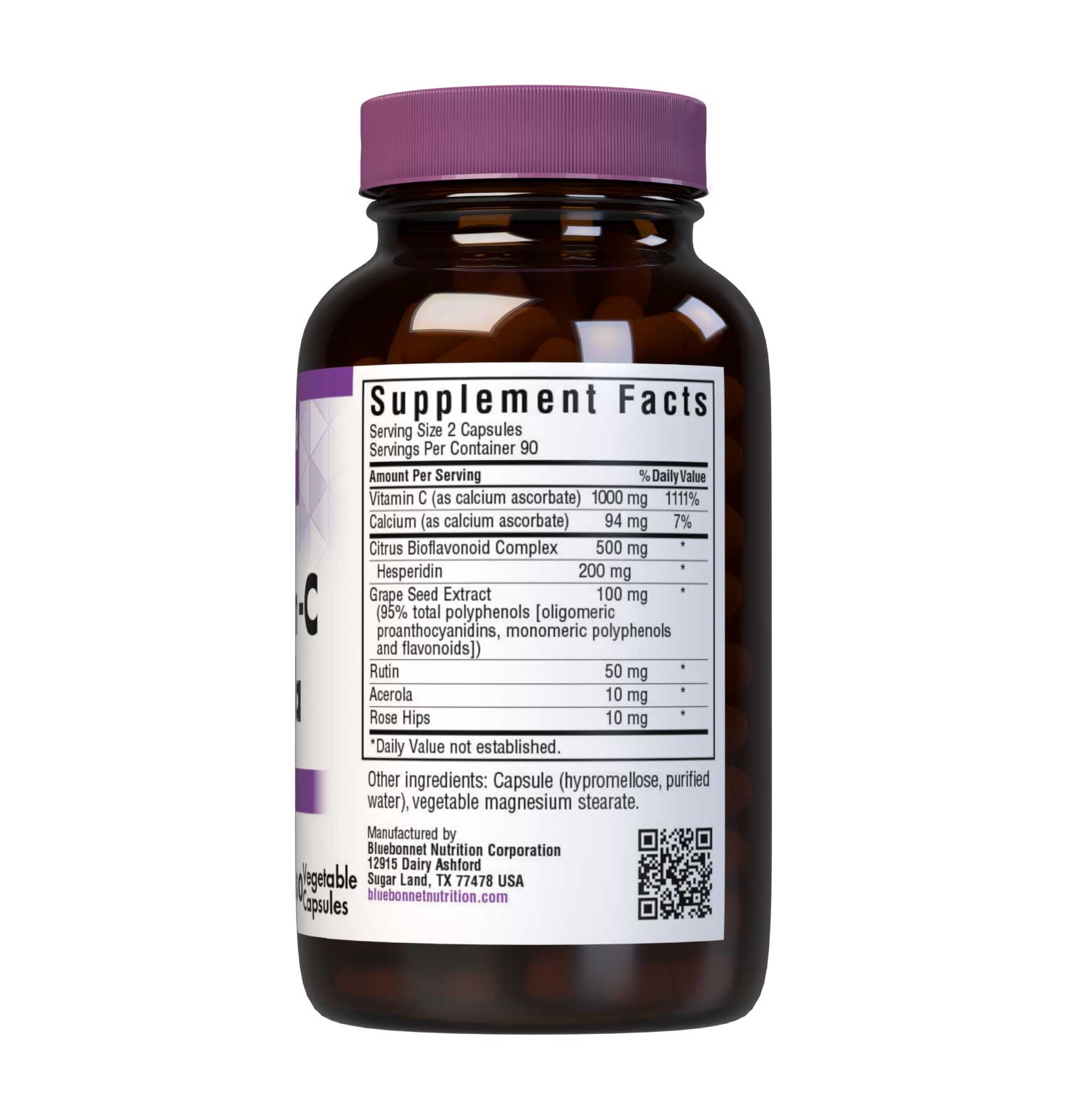 Bluebonnet’s Optimum-C Formula 180 Vegetable Capsules are formulated with non-GMO, identity preserved (IP) vitamin C from calcium ascorbate, rose hips and acerola along with citrus bioflavonoids and grape seed extract to help support immune function. Supplement facts panel. #size_180 count
