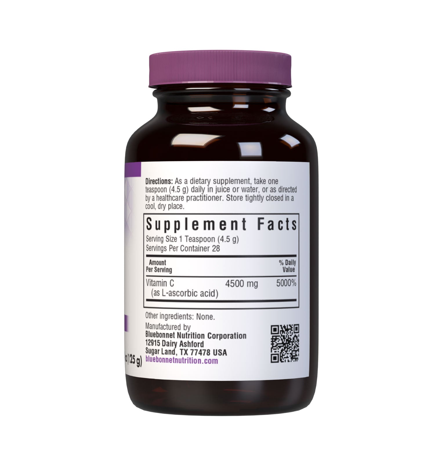 Bluebonnet’s Vitamin C Crystals are formulated with identity preserved (IP) L-ascorbic acid in its crystalline form to help support immune function. There are no excipients present. Supplement facts panel. #size_4.4oz