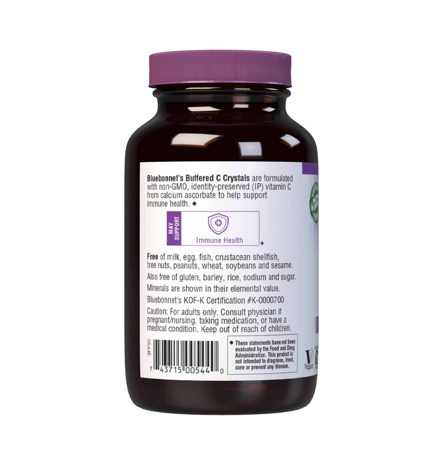 Bluebonnet’s Buffered C Crystals are formulated with buffered vitamin C from calcium ascorbate in its crystalline form to help support immune function. Calcium ascorbate is an excellent source of vitamin C for individuals who are sensitive to L-ascorbic acid, as well as calcium. Description panel. #size_4.4 oz
