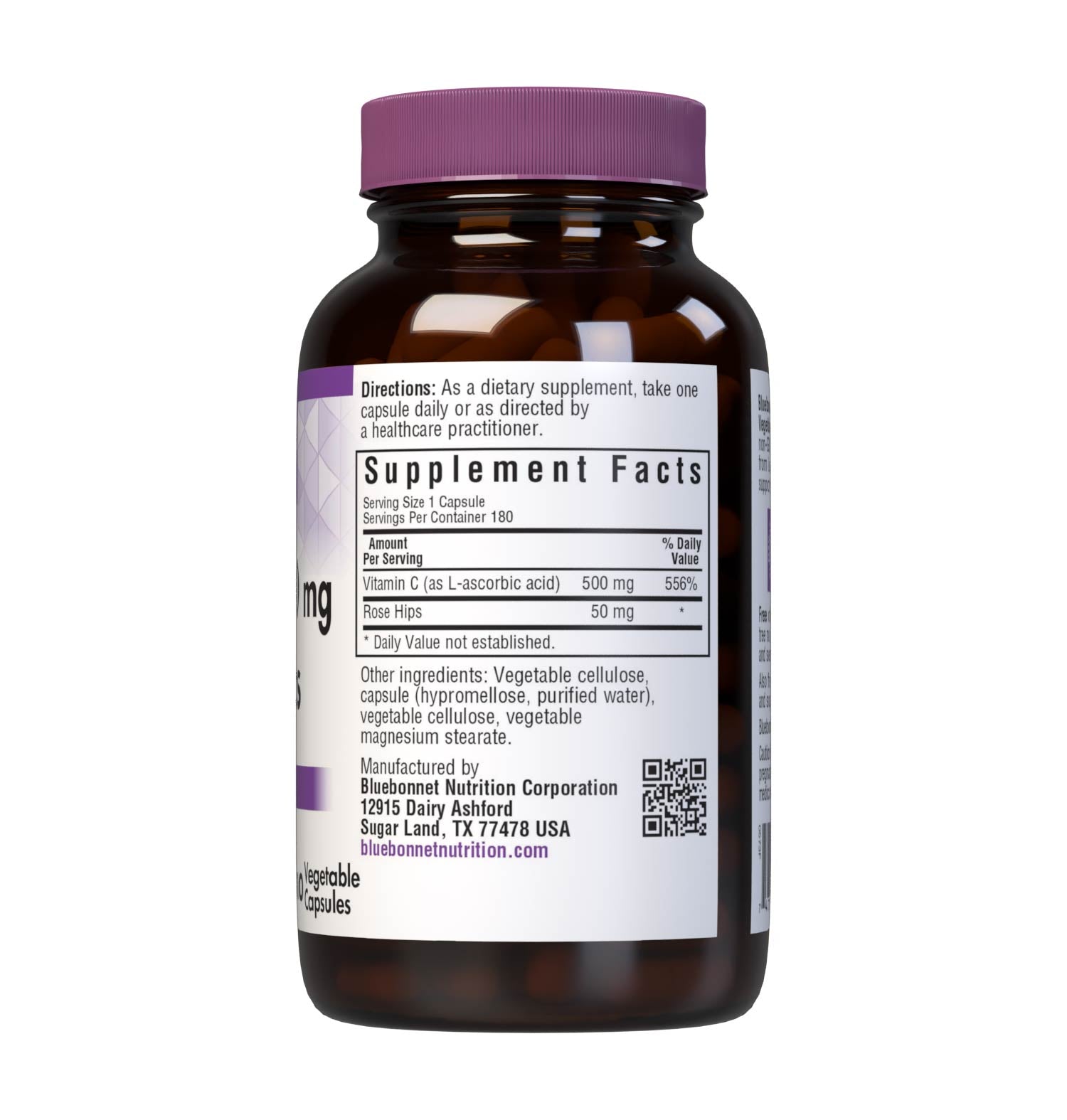 Bluebonnet’s Vitamin C-500 mg & Rose Hips 180 Vegetable Capsules are formulated with non-GMO, identity preserved (IP) vitamin C from L-ascorbic acid and rose hips to help support immune function. Supplement fact panel. #size_180 count