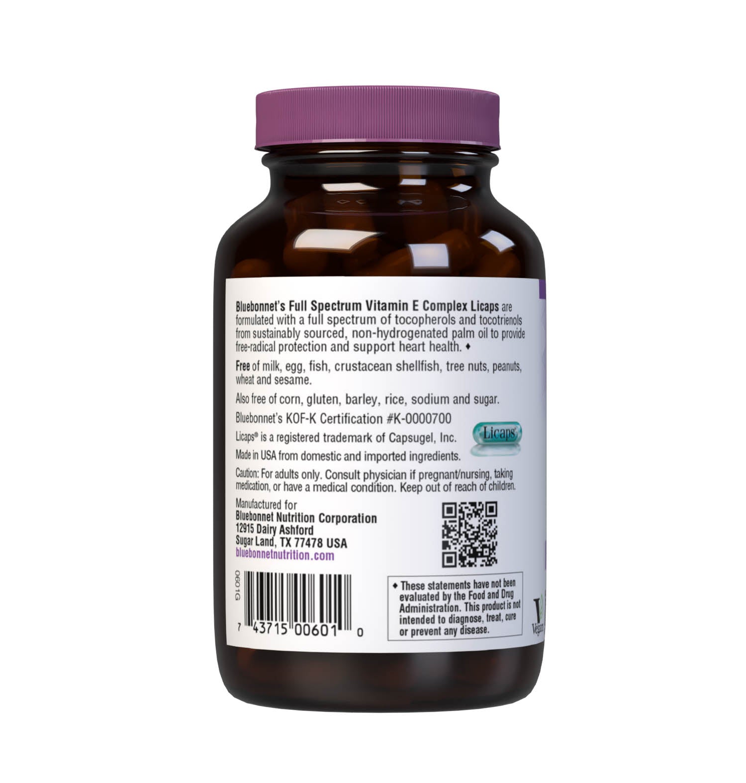 Bluebonnet’s Full Spectrum Vitamin E Complex 30 Licaps are specially formulated with d-alpha tocopherol and full spectrum tocopherol isomers (alpha, beta, delta and gamma) and tocotrienol isomers (alpha, beta, delta and gamma) from sustainably sourced, non-hydrogenated palm oil from Malaysia, which enforces strict environmental regulations. Description panel. #size_60 count