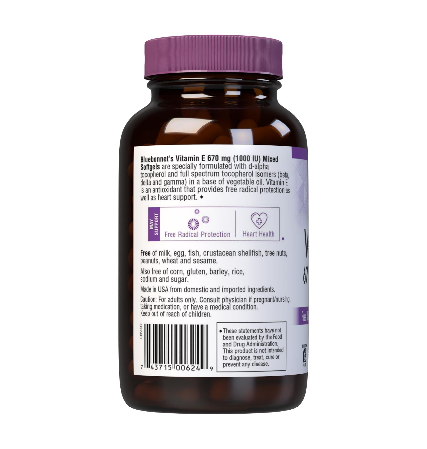 Bluebonnet’s Vitamin E 1000 lU (670 mg) Mixed Softgels are specially formulated with d-alpha tocopherol and full spectrum tocopherol isomers (beta, delta and gamma) in a base of vegetable oil. Vitamin E is an antioxidant that provides free radical protection as well as cardiovascular support. Description panel. #size_100 count