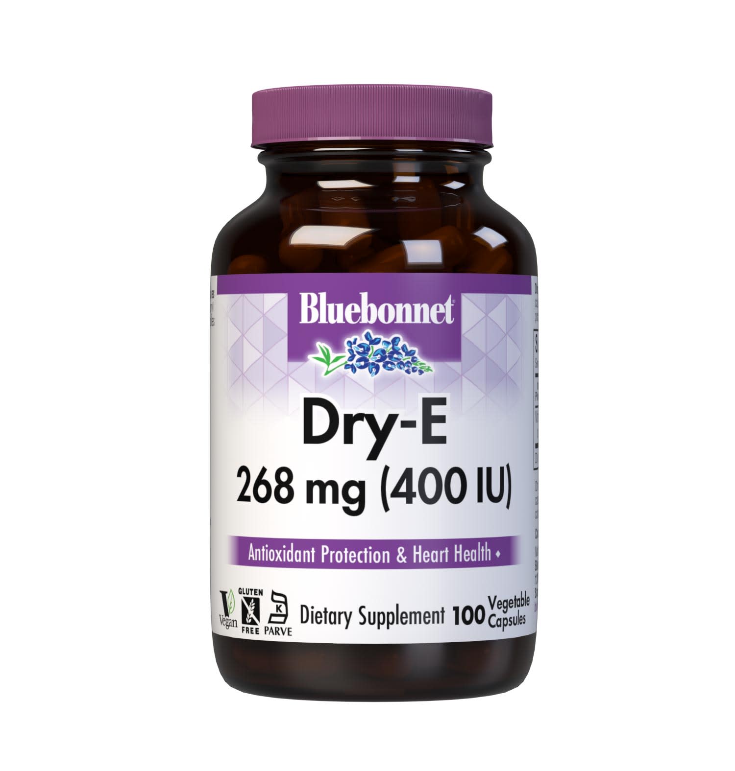 Bluebonnet’s Dry E-268 mg (400 lU) d-Alpha Tocopheryl 100 Vegetable Capsules are formulated with vitamin E from oil-free d-alpha tocopheryl succinate. Vitamin E is an antioxidant that provides free radical protection as well as cardiovascular support. #size_100 count