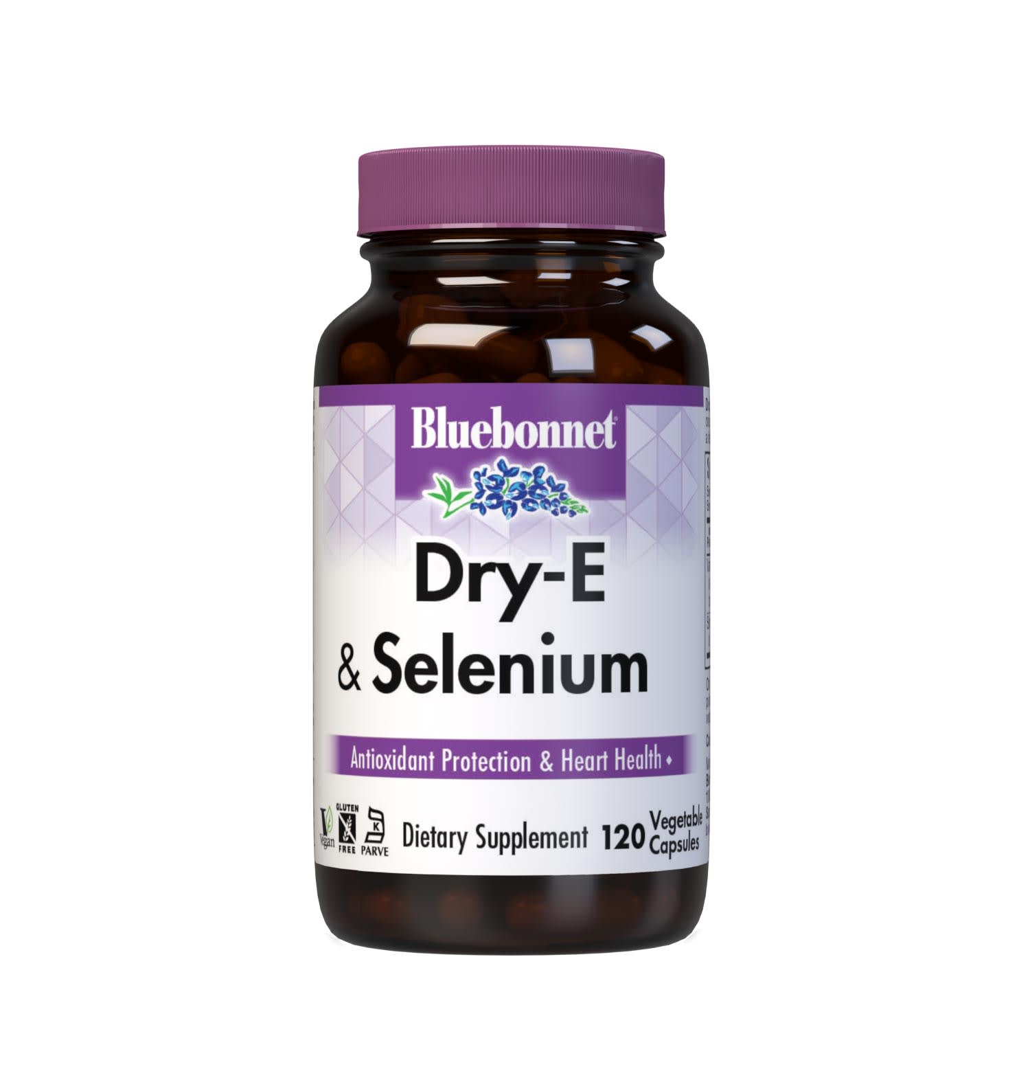 Dry E-268 mg (400 IU) & Selenium 120 Vegetable Capsules are formulated with vitamin E from oil-free d-alpha tocopheryl succinate, and selenium from L-selenomethionine. Vitamin E and selenium both offer free radical protection and cardiovascular support. #size_120 count