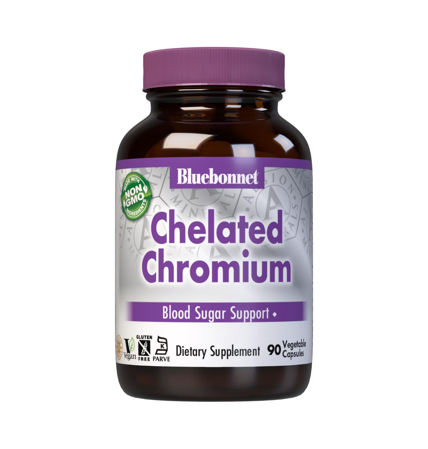 Bluebonnet's Yeast-Free Chelated Chromium 90 Vegetable Capsules are formulated with 200 mcg of elemental chromium from fully reacted chromium nicotinate glycinate, an amino acid chelate mineral from Albion. Chromium is an essential element that is necessary for blood sugar control and carbohydrate metabolism #size_90 count