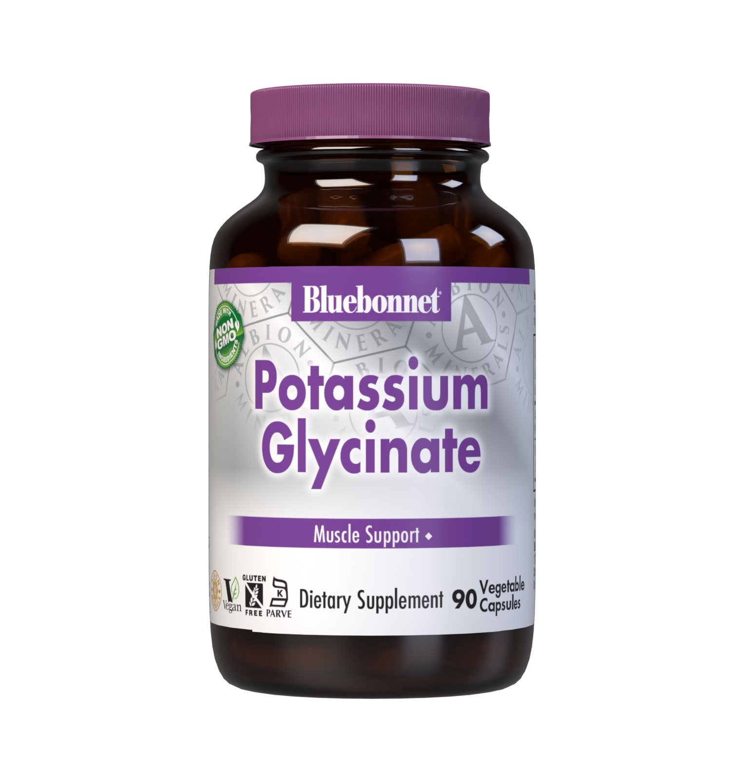 Bluebonnet's Potassium Glycinate 90 Vegetable Capsules are formulated with 99 mg of elemental potassium per serving from a low molecular weight glycinate amino acid complex from Albion. Potassium is an essential element that is necessary for electrolyte balance as well as muscle strength, repair and recovery. #size_90 count