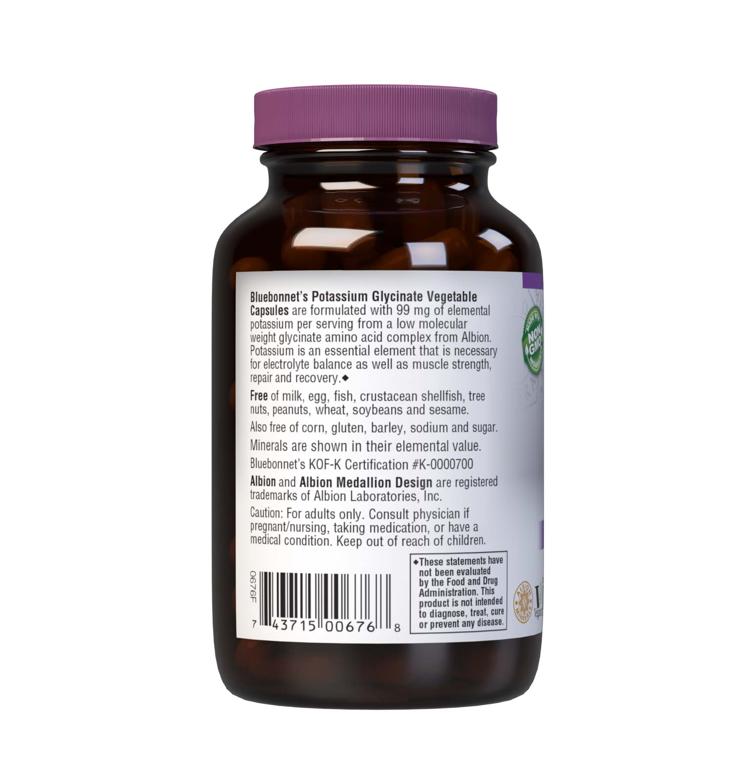 Bluebonnet's Potassium Glycinate 90 Vegetable Capsules are formulated with 99 mg of elemental potassium per serving from a low molecular weight glycinate amino acid complex from Albion. Potassium is an essential element that is necessary for electrolyte balance as well as muscle strength, repair and recovery. Description panel. #size_90 count