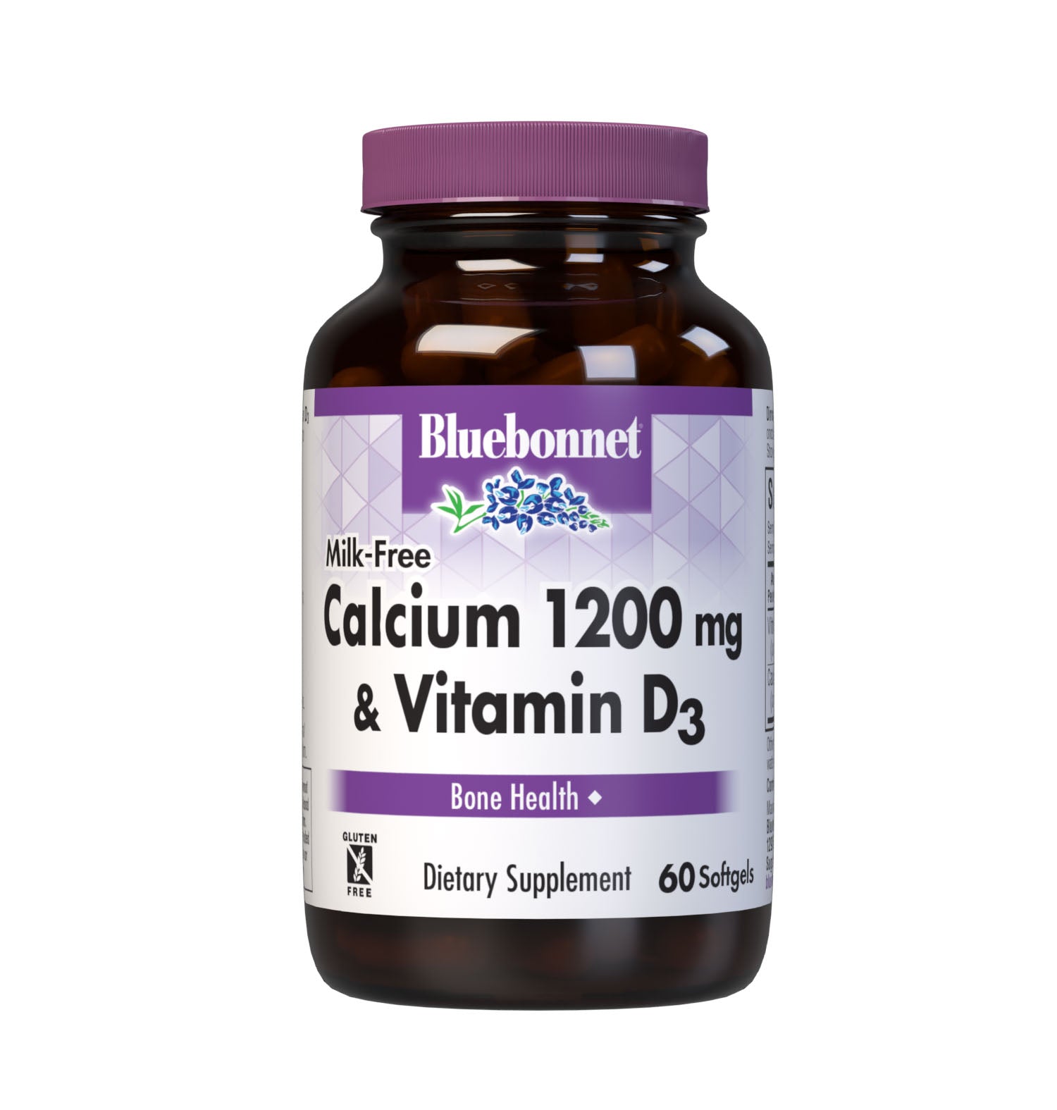 Bluebonnet’s Milk-Free Calcium 1200 mg & Vitamin D3 60 Softgels are formulated with a combination of calcium carbonate and vitamin D3 (cholecalciferol) from lanolin for strong, healthy bones.  #size_60 count