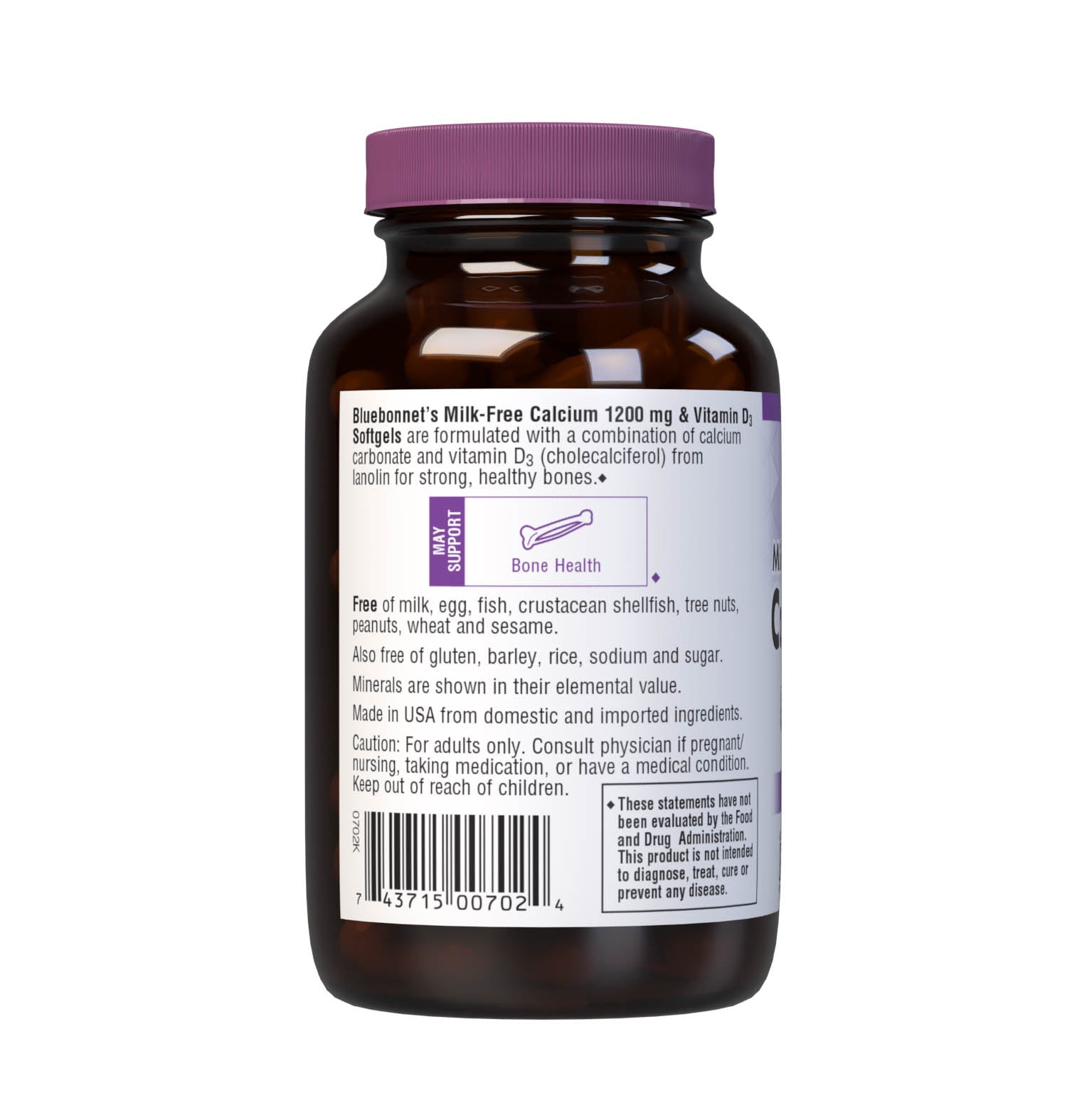 Bluebonnet’s Milk-Free Calcium 1200 mg & Vitamin D3 60 Softgels are formulated with a combination of calcium carbonate and vitamin D3 (cholecalciferol) from lanolin for strong, healthy bones. Description panel. #size_60 count