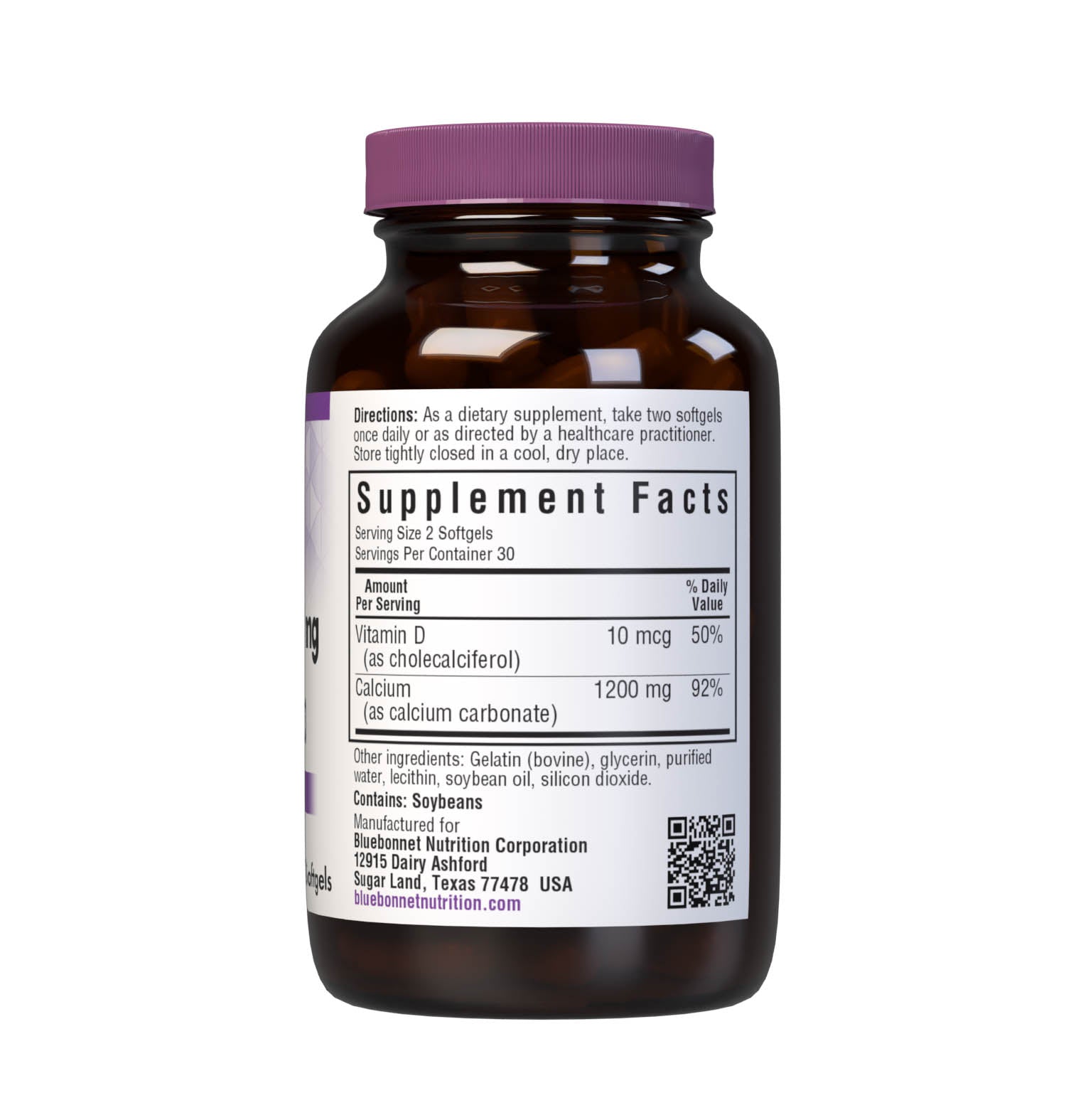 Bluebonnet’s Milk-Free Calcium 1200 mg & Vitamin D3 60 Softgels are formulated with a combination of calcium carbonate and vitamin D3 (cholecalciferol) from lanolin for strong, healthy bones. Supplement facts panel. #size_60 count