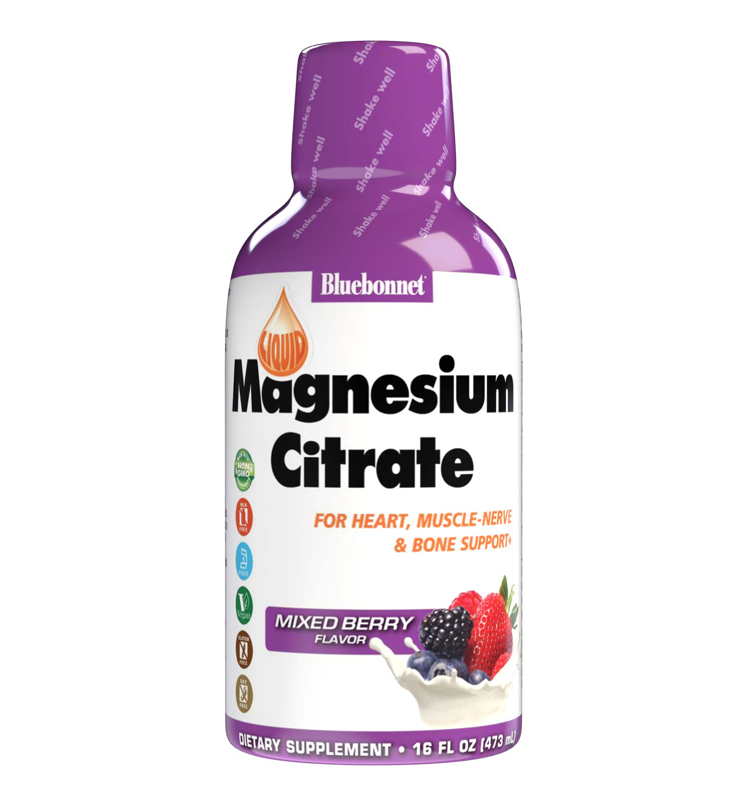 Bluebonnet's Liquid Magnesium Citrate is formulated with a special, water-soluble form of magnesium chelated to citrate. Magnesium is required in over 300 biochemical reactions in the body but is primarily known to calm the mind and body, reduce stress, induce restful sleep, increase bone density, as well as support immune and cardiovascular health. Delicious mixed berry flavor. #size_16 fl oz (473 mL)