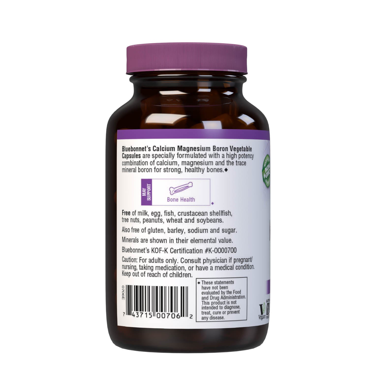 Bluebonnet's Calcium Magnesium Boron 90 Vegetable Capsules are specially formulated with a high potency combination of calcium, magnesium and the trace mineral boron for strong, healthy bones. Description panel. #size_90 count