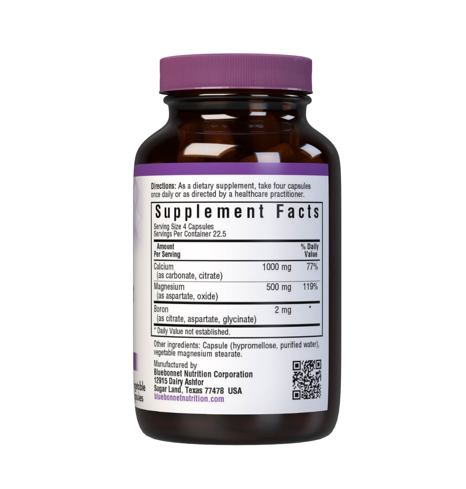 Bluebonnet's Calcium Magnesium Boron 90 Vegetable Capsules are specially formulated with a high potency combination of calcium, magnesium and the trace mineral boron for strong, healthy bones. Supplement facts panel. #size_90 count