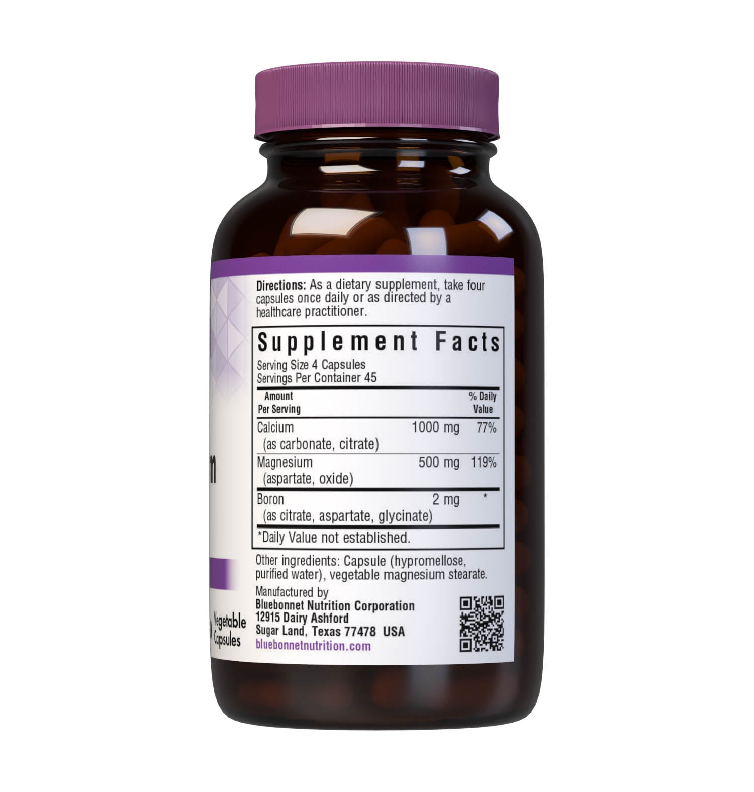 Bluebonnet's Calcium Magnesium Boron 180 Vegetable Capsules are specially formulated with a high potency combination of calcium, magnesium and the trace mineral boron for strong, healthy bones. Supplement facts panel. #size_180 count