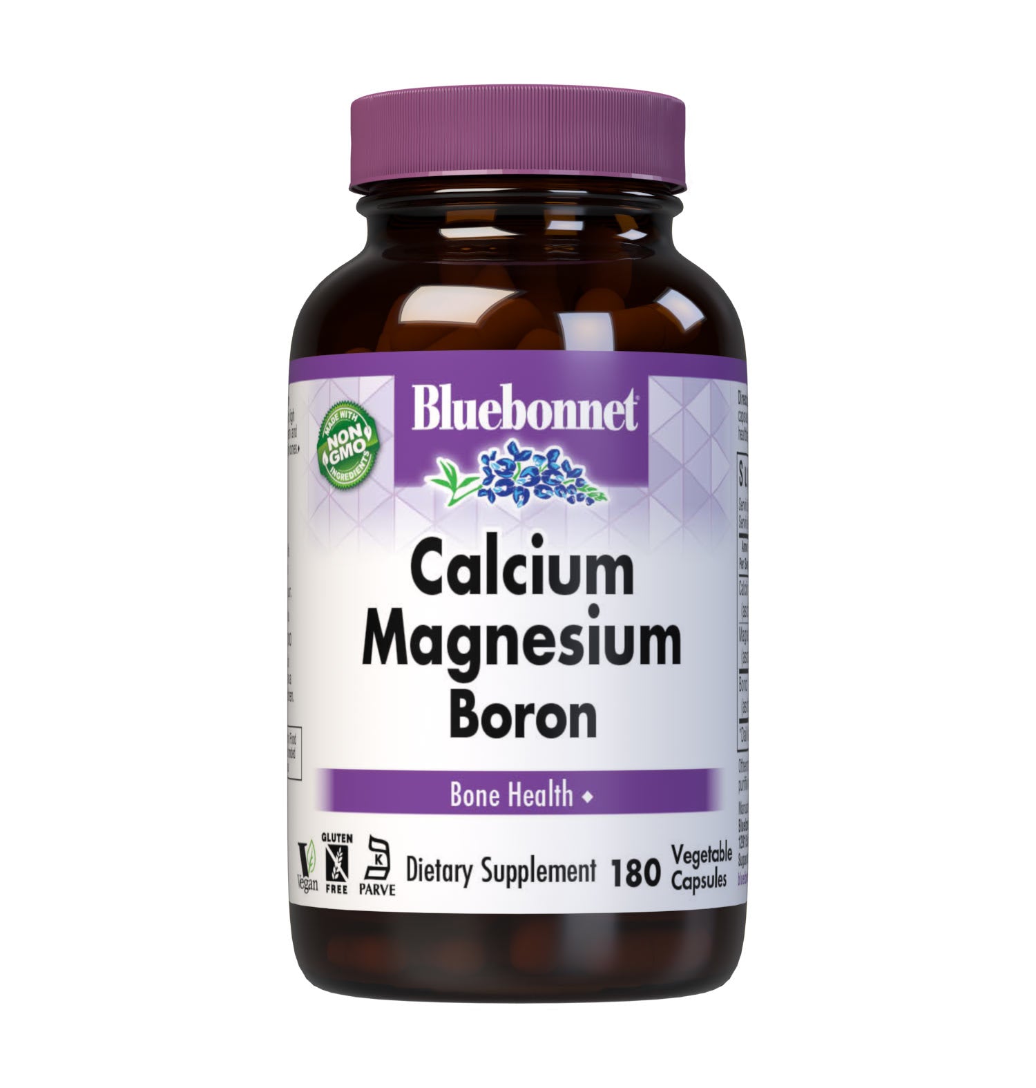 Bluebonnet's Calcium Magnesium Boron 180 Vegetable Capsules are specially formulated with a high potency combination of calcium, magnesium and the trace mineral boron for strong, healthy bones. #size_180 count