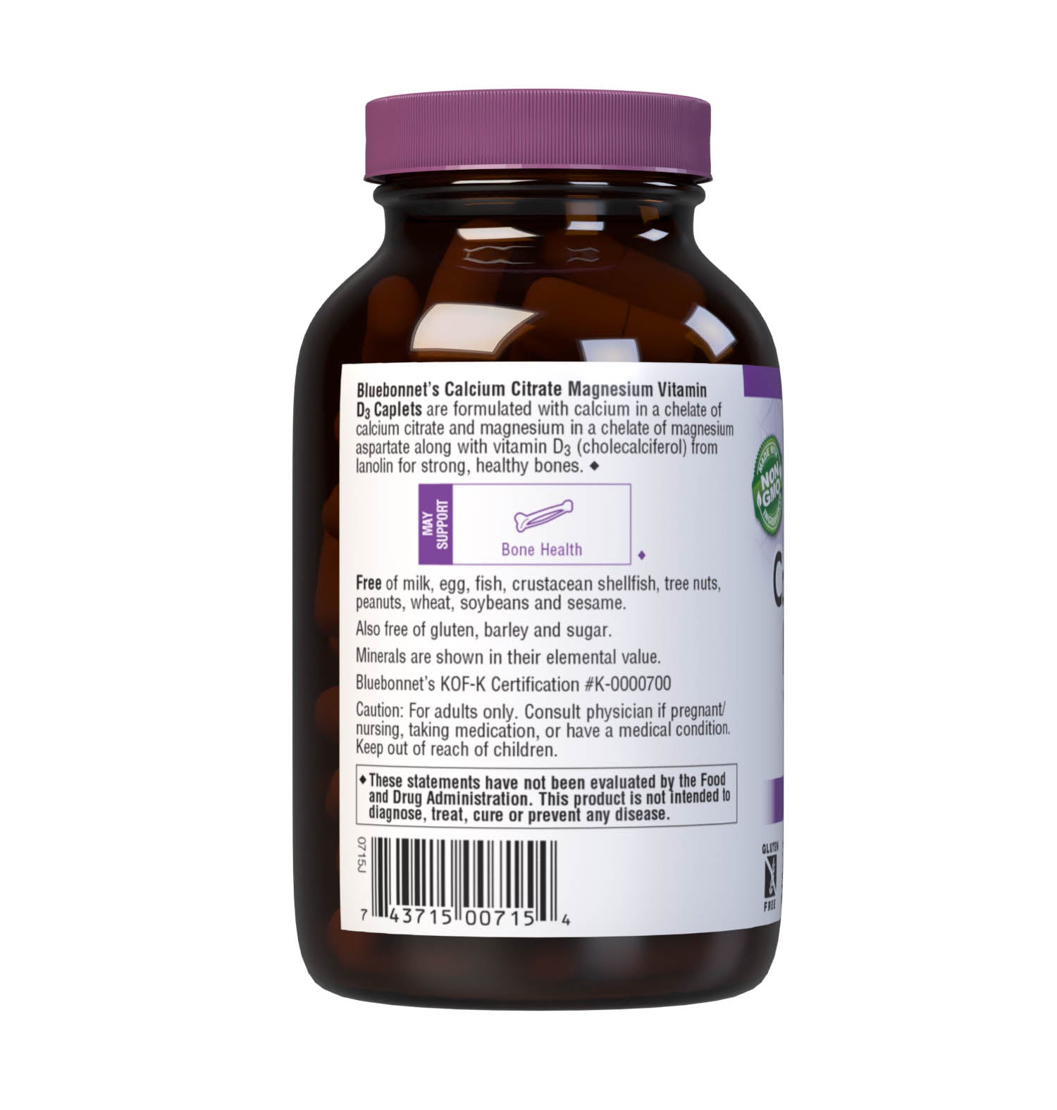 Bluebonnet's Calcium Citrate Magnesium Vitamin D3 90 Caplets are formulated with calcium in a chelate of calcium citrate and magnesium in a chelate of magnesium aspartate along with Vitamin D3 (cholecalciferol) from lanolin for strong, healthy bones. Description panel. #size_90 count