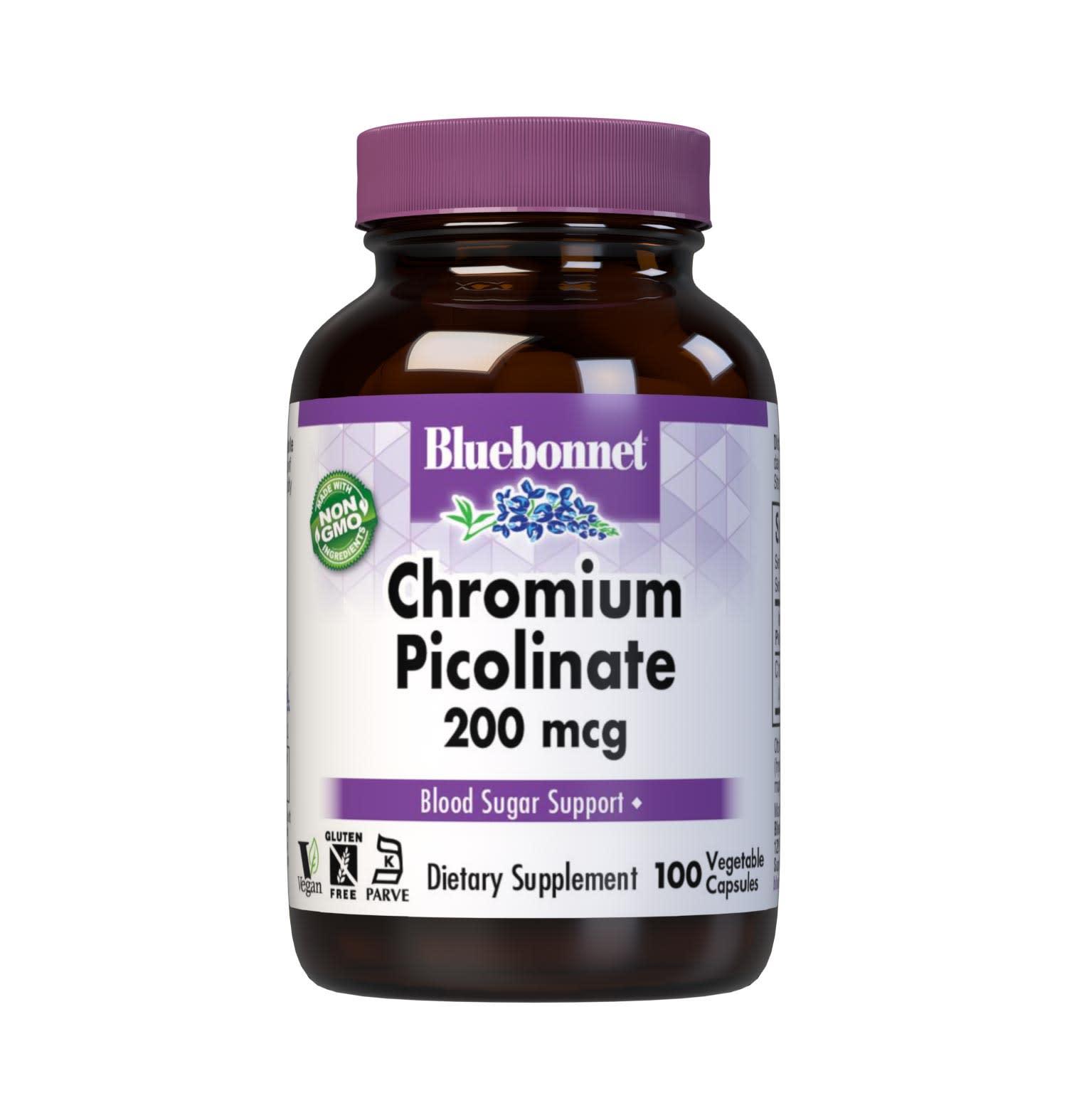 Bluebonnet's Chromium Picolinate 200 mcg 100 Vegetable Capsules are formulated with chromium in a chelate of picolinic acid to help support blood sugar levels already within the normal range. #size_100 count