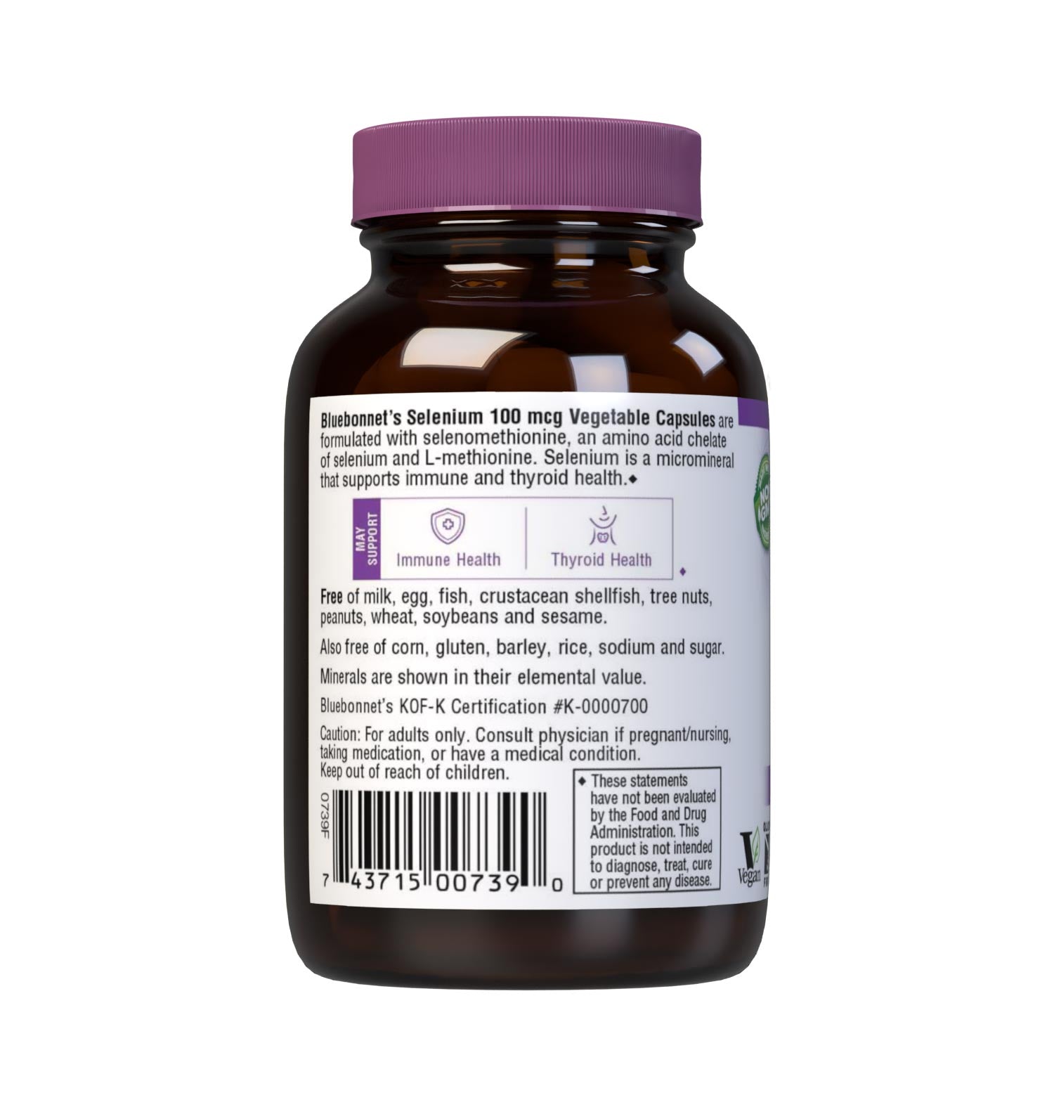 Bluebonnet's Selenium 100 mcg 90 Vegetable Capsules are formulated with selenomethionine, an amino acid chelate of selenium and L-methionine which may support immune and thyroid health. Description panel. #size_90 count