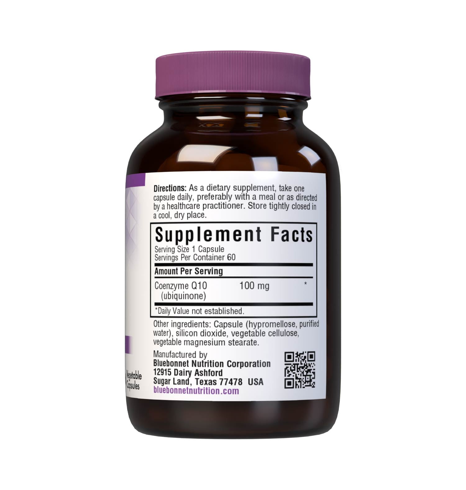 Bluebonnet’s CoQ10 100 mg 60 Vegetable Capsules provide 100% “trans-isomer” coenzyme Q10. Available in easy-to-swallow vegetable capsules for maximum assimilation and absorption. Supplement facts panel. #size_60 count
